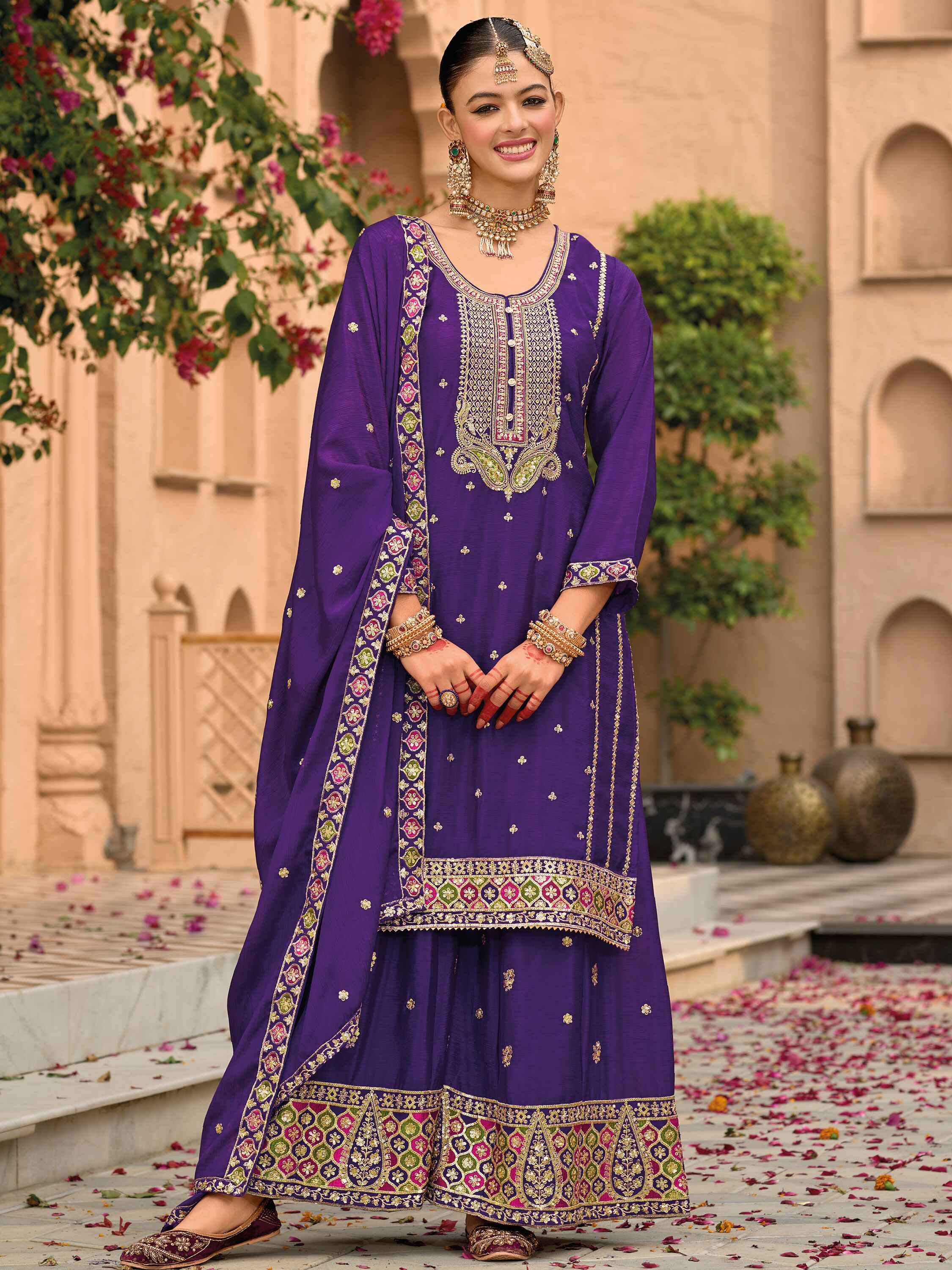 Exquisite purple chinon suit with heavy embroidery and sequins