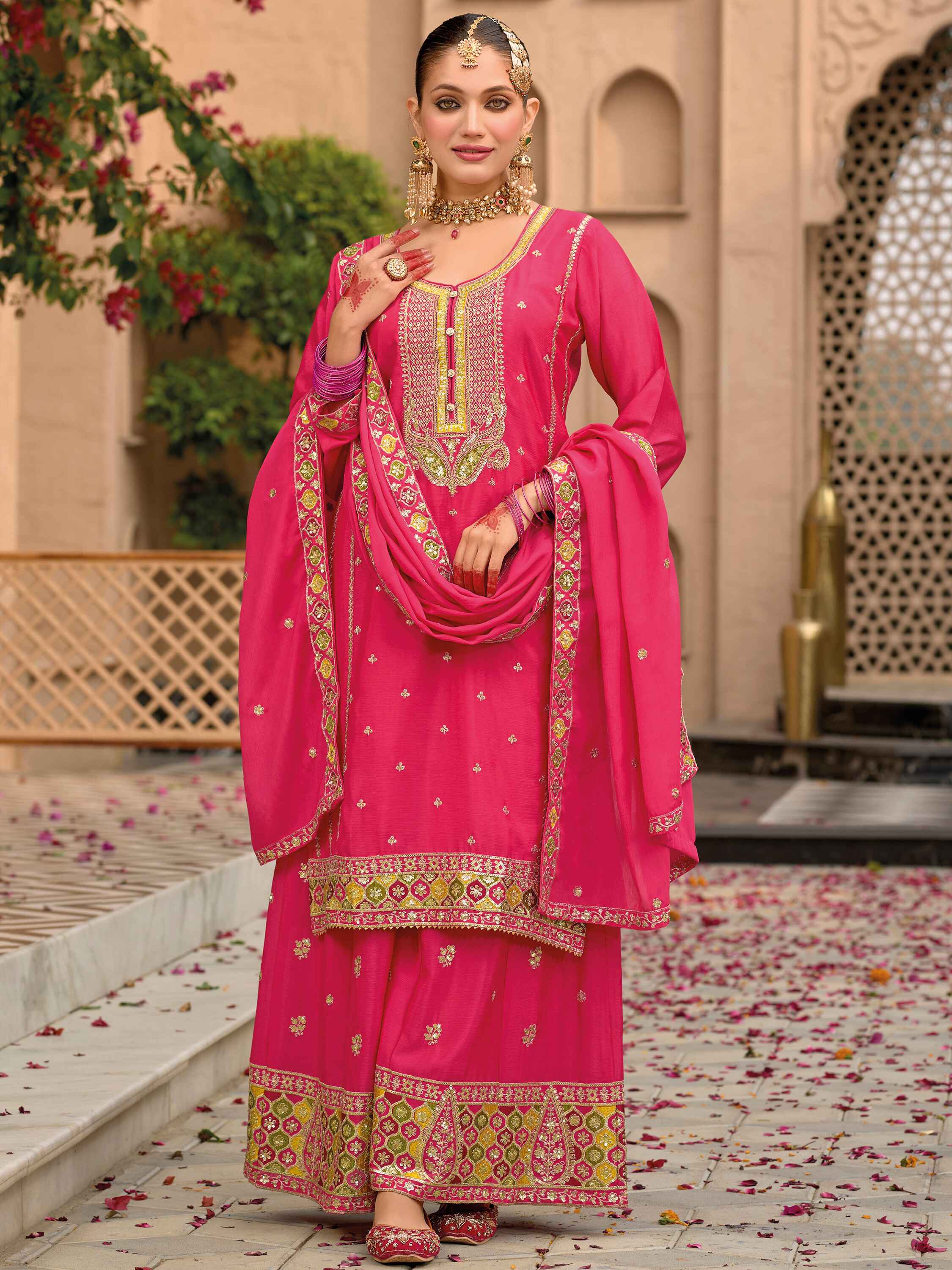 Shocking Pink Embroidered Chinon Eid Wear Palazzo Suit with Intricate Floral Patterns