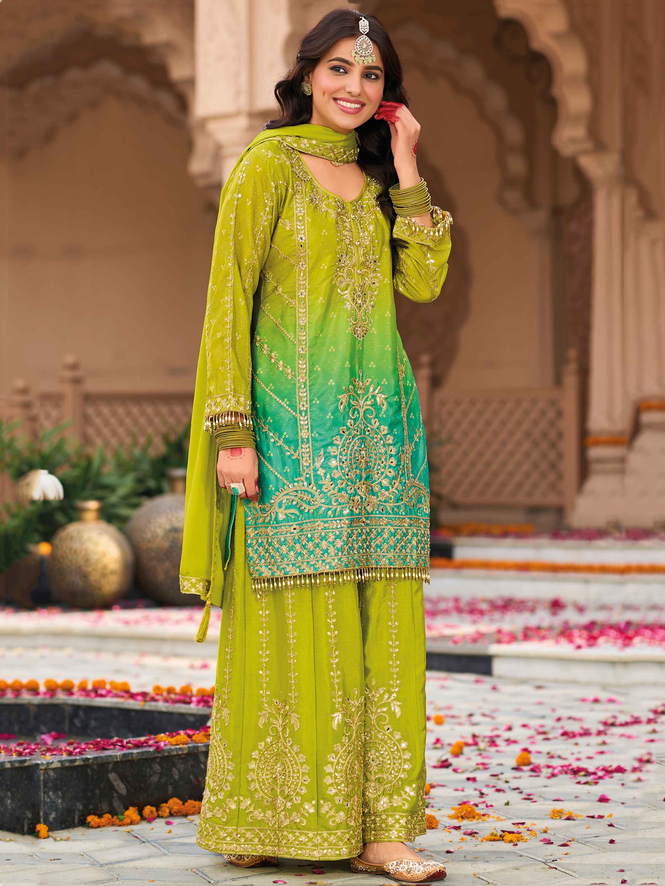 Ravishing Green Embroidered Chinon Event Wear Palazzo Suit with Intricate Embroidery