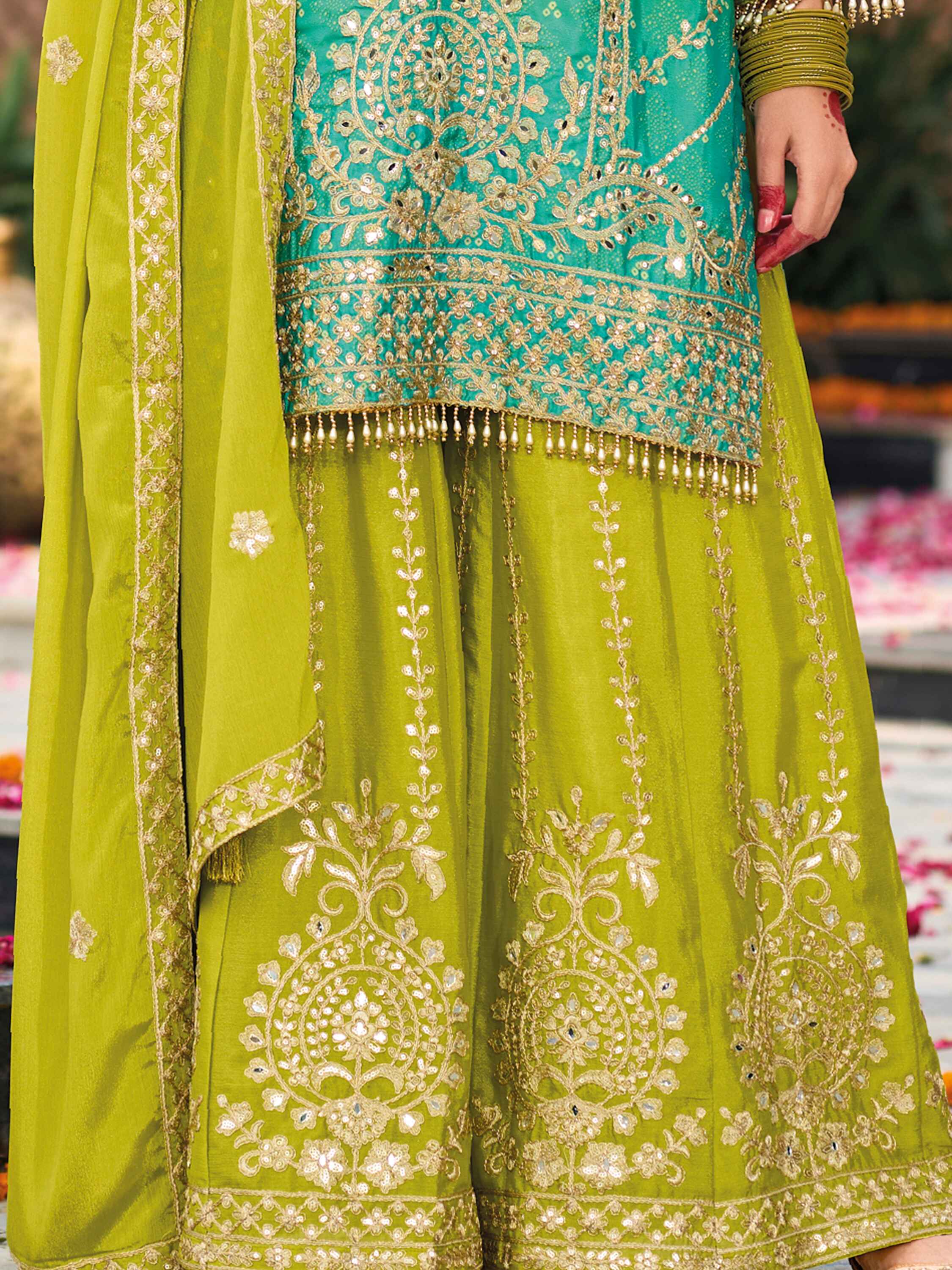 Ravishing Green Embroidered Chinon Event Wear Palazzo Suit for women