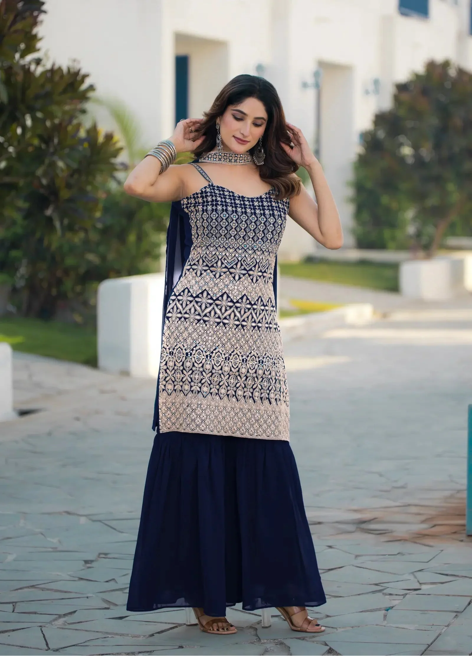 Navy Blue Georgette Sequence Embroidery Work Salwar Suit - qivii