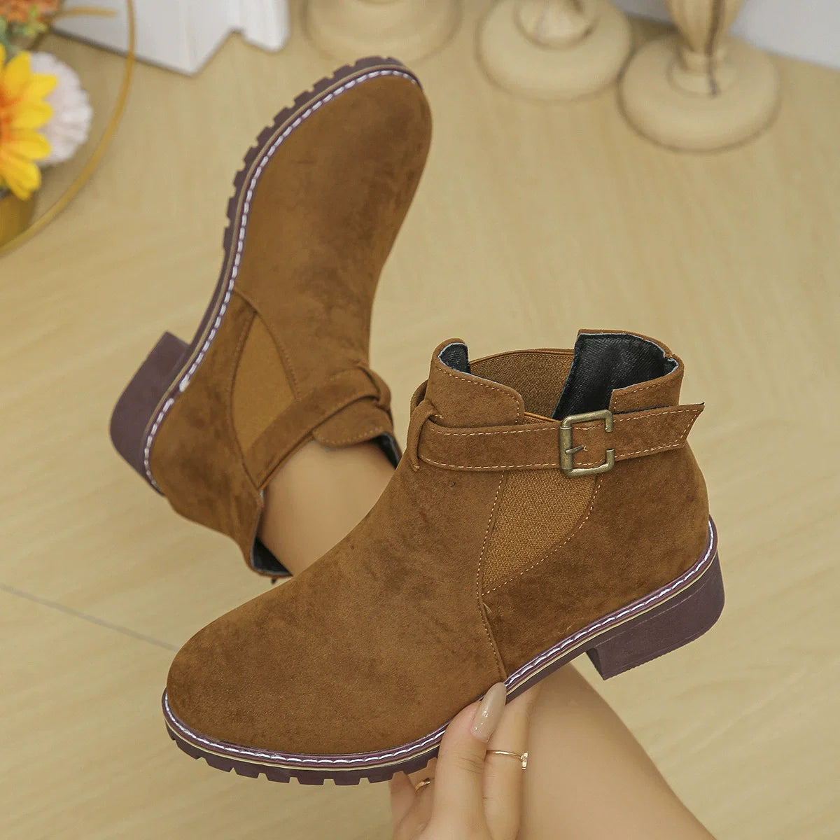 Women's Plus Size Suede Platform Martin Ankle Boots with Belt Buckle Details