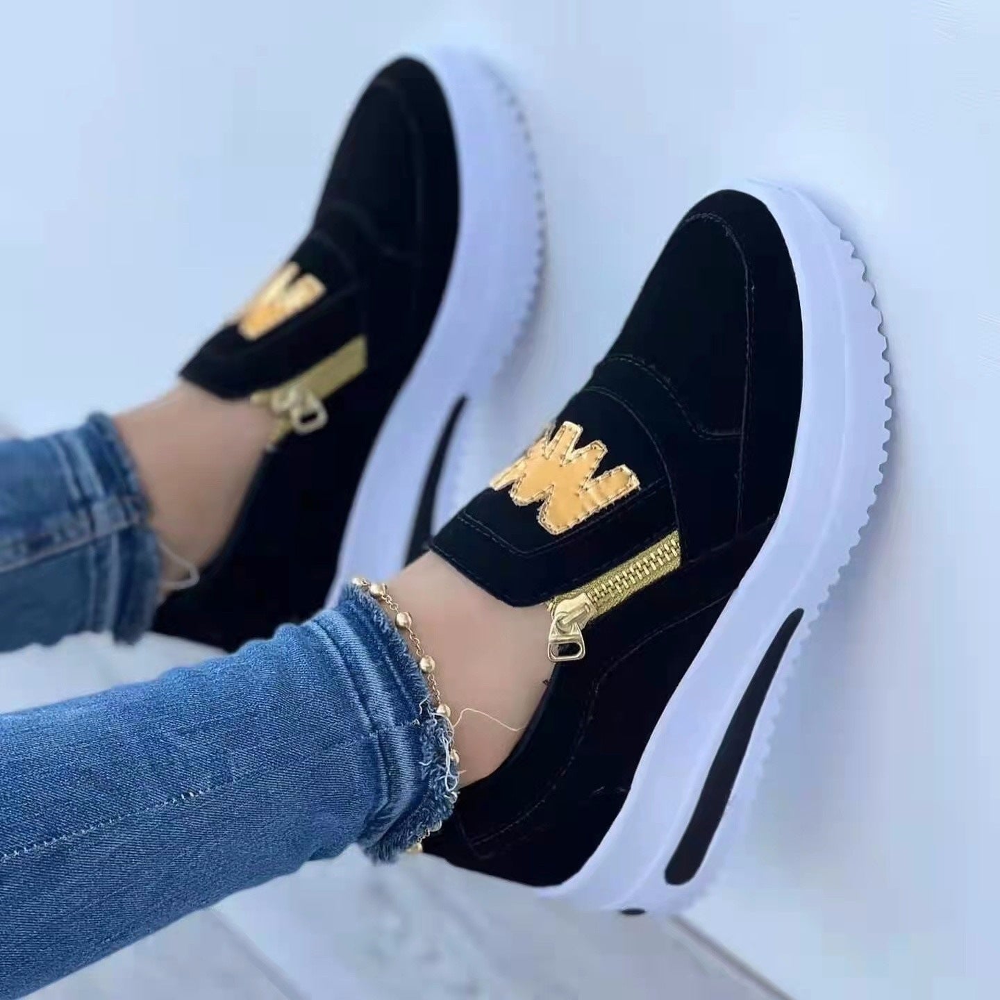 Women's Plus Size Casual Sports Zipper Sneakers Trendy Athletic Casual Shoes