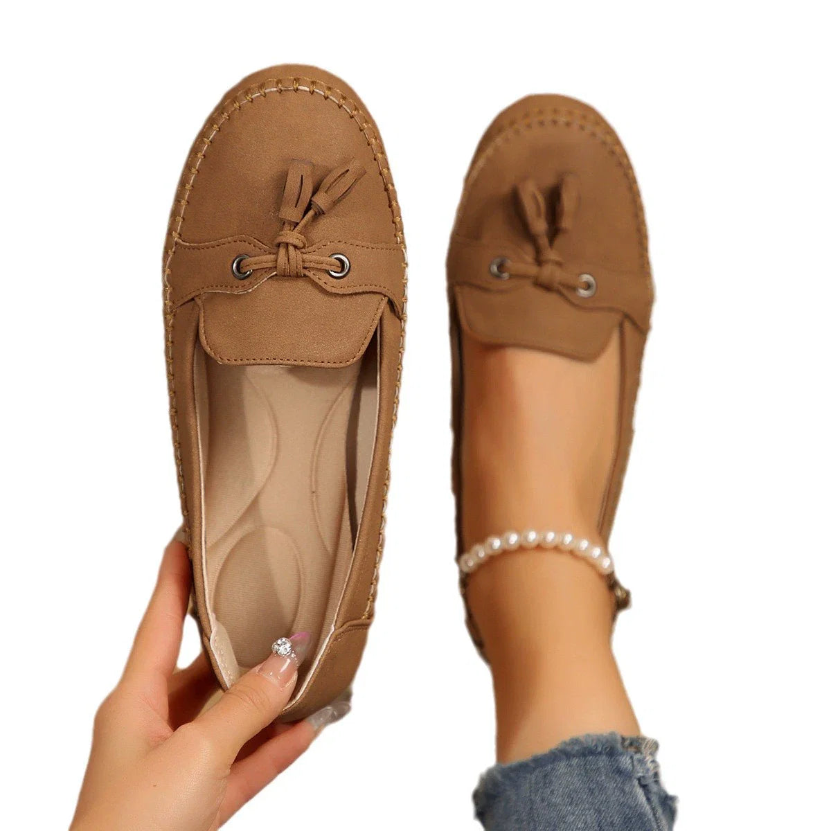 Women's Casual Blue Moccasin Loafers – Soft Suede Slip-On Flats with Tassel Bow Detail, Comfortable Driving Shoes for Everyday Wear