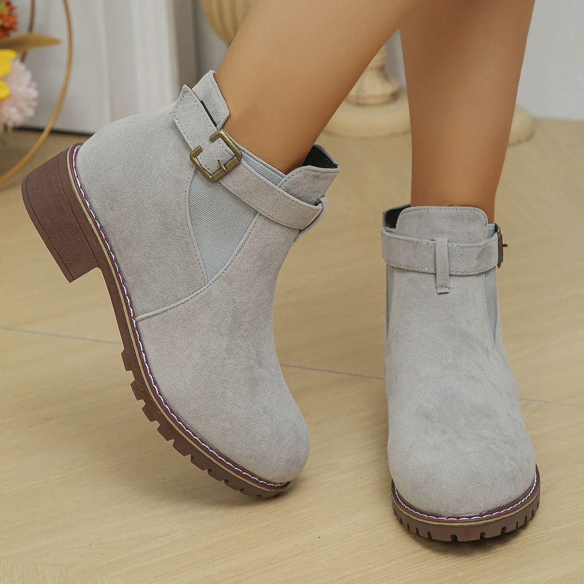 Women's Plus Size Suede Platform Martin Ankle Boots with Belt Buckle Details