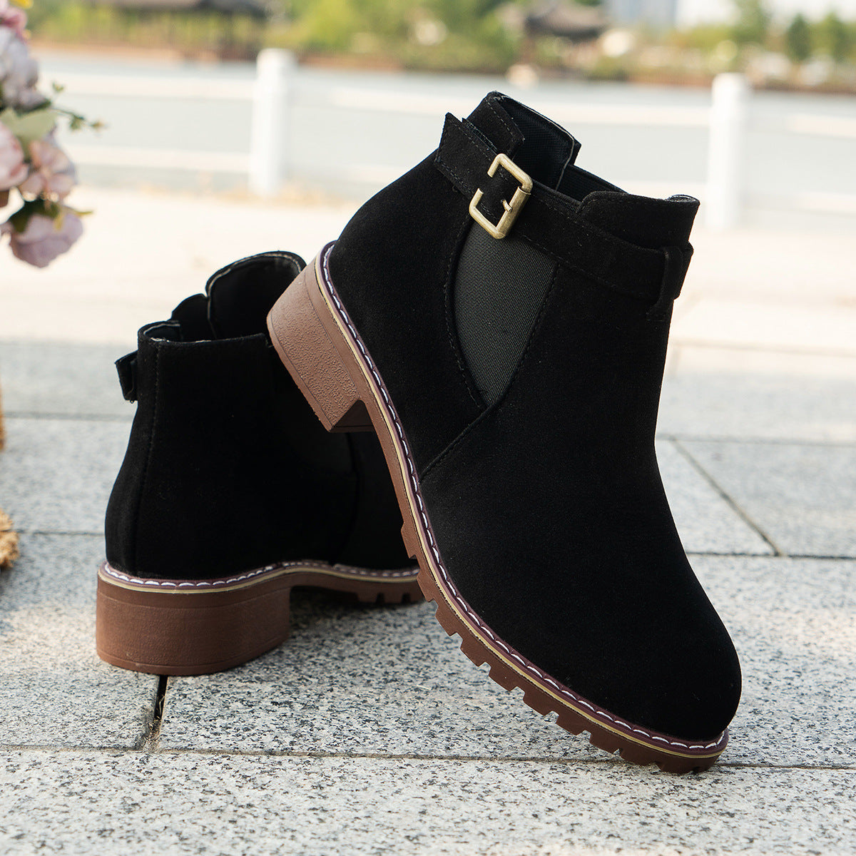 Women's Plus Size Suede Platform Martin Ankle Boots with Belt Buckle Details