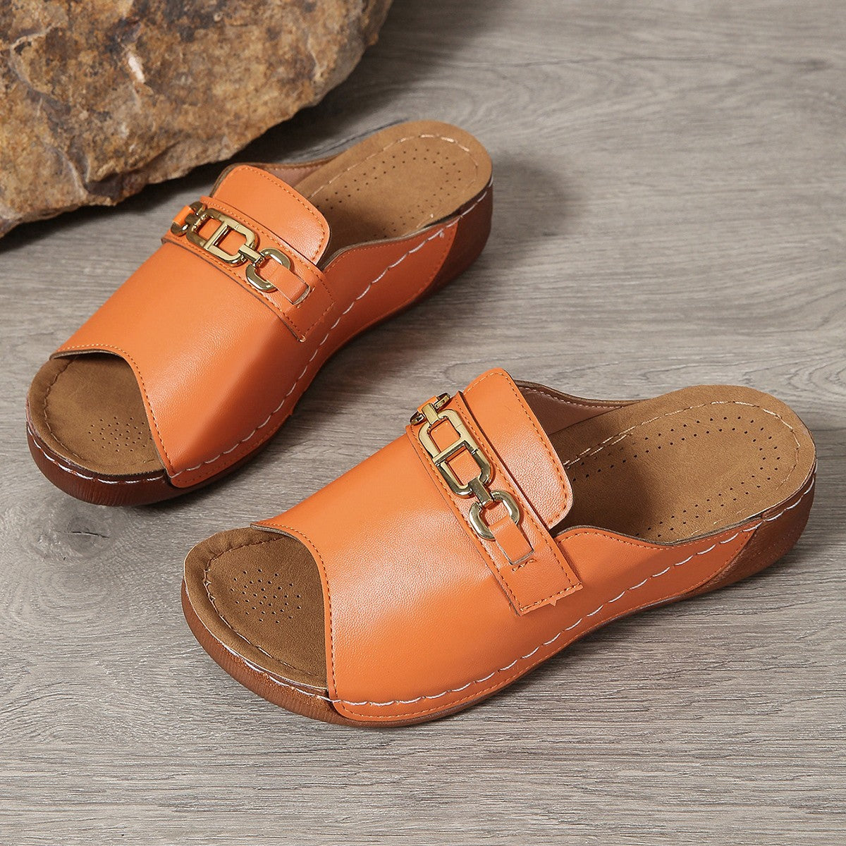 Women’s Plus-Size Platform Mule Slippers - Metal Buckle Accent & Low Wedge Heel | Open-Back House Shoes