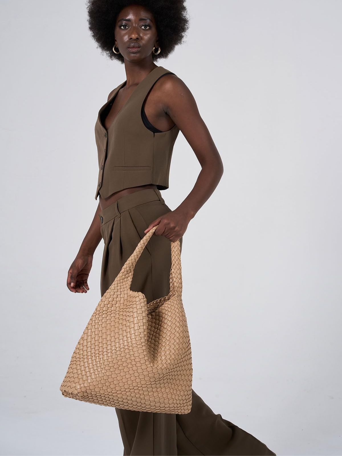 Ounamei Woven Tote Bag with Clutch | Extra Large Vegan Leather Shoulder & Handbag for Women