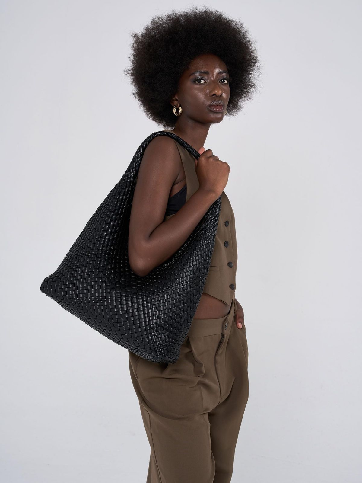 Ounamei Woven Tote Bag with Clutch | Extra Large Vegan Leather Shoulder & Handbag for Women