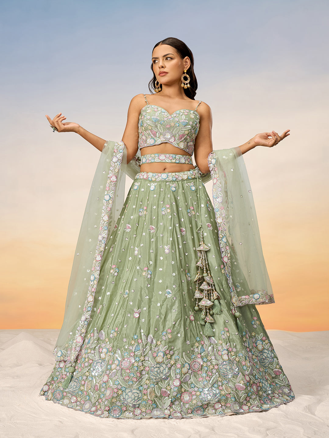Limegreen - Multi Color Chiffon Embroidered using Sequins,Thread & Coding Semi-Stitched Lehenga choli - qivii