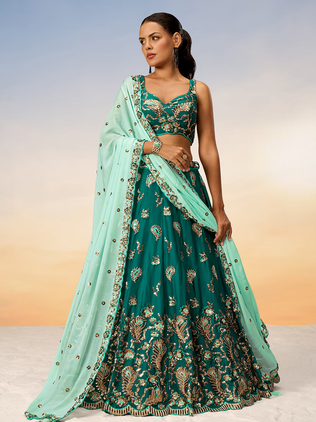 Green - Golden Sequin,Thread,Coding Feather Work Embroidered Georgette Semi-Stitched Lehenga choli - qivii