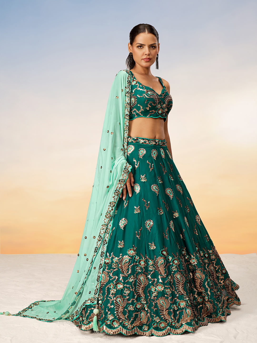 Green - Golden Sequin,Thread,Coding Feather Work Embroidered Georgette Semi-Stitched Lehenga choli - qivii
