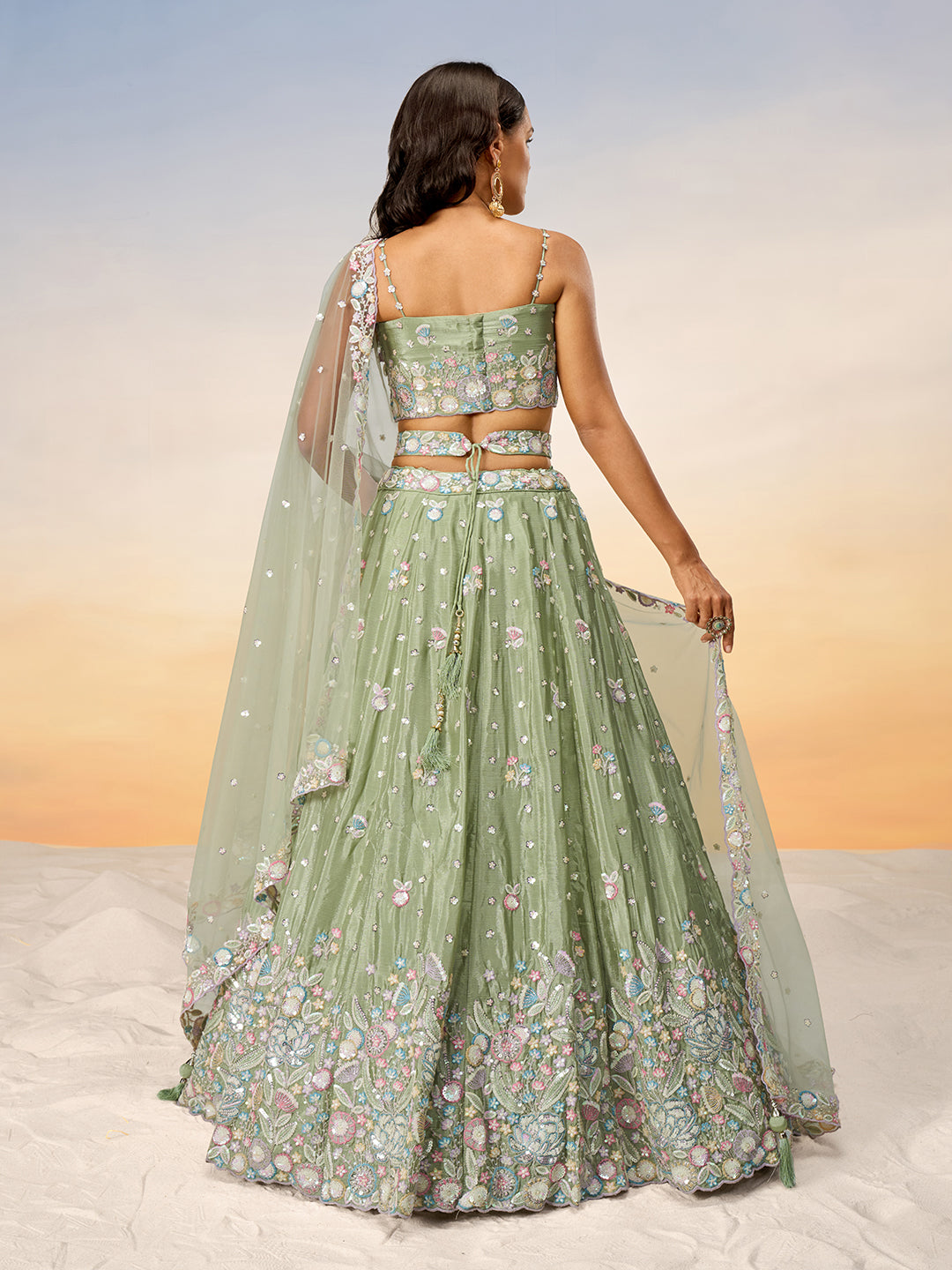 Limegreen - Multi Color Chiffon Embroidered using Sequins,Thread & Coding Semi-Stitched Lehenga choli - qivii