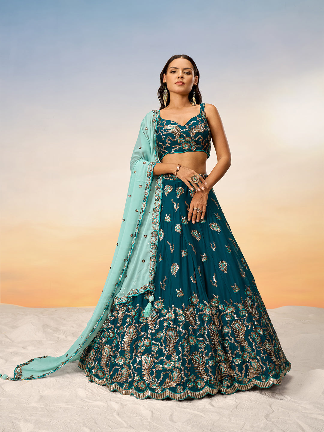 Teal - Golden Sequin,Thread,Coding Feather Work Embroidered Georgette Semi-Stitched Lehenga choli - qivii