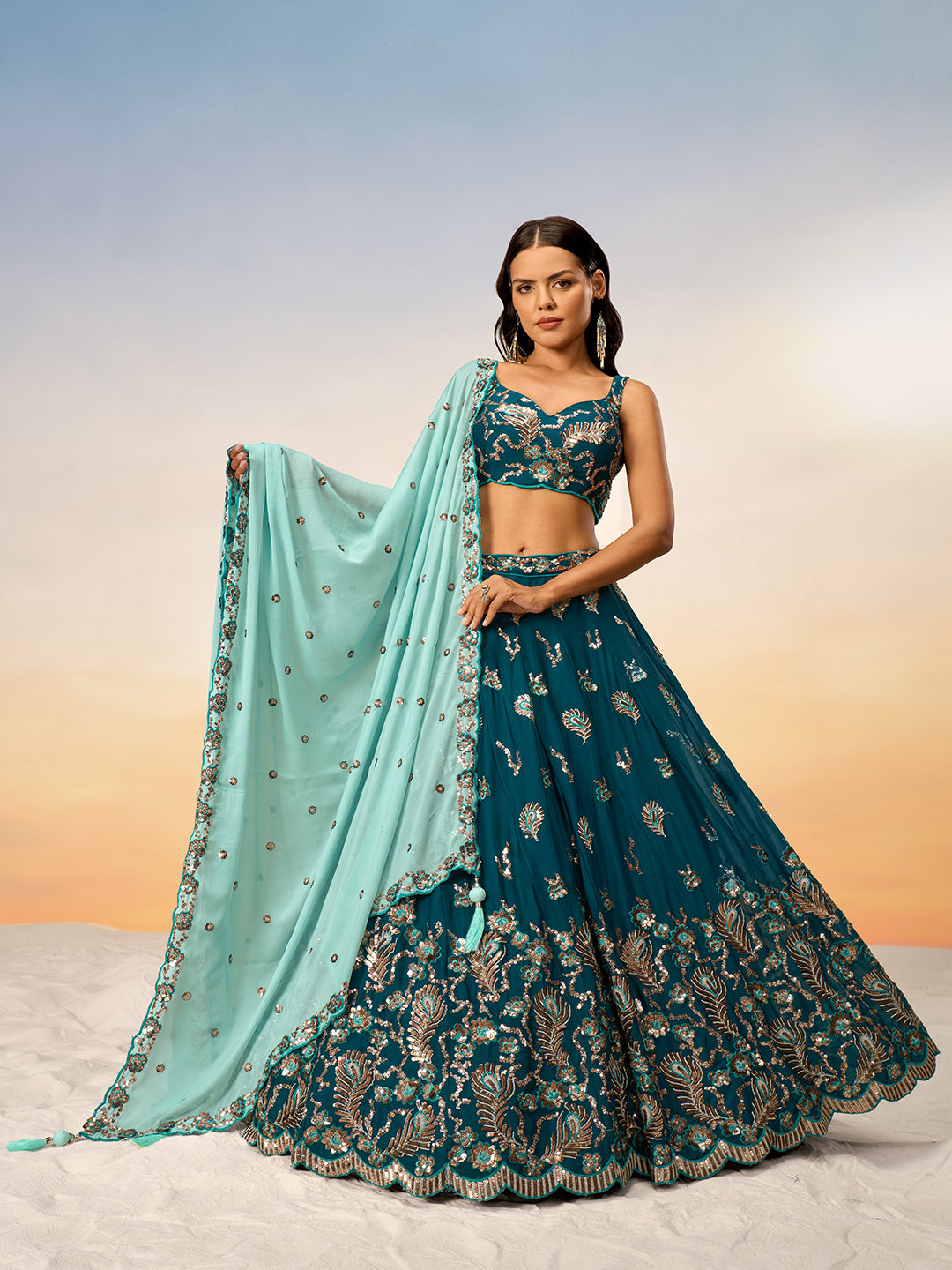 Teal - Golden Sequin,Thread,Coding Feather Work Embroidered Georgette Semi-Stitched Lehenga choli - qivii