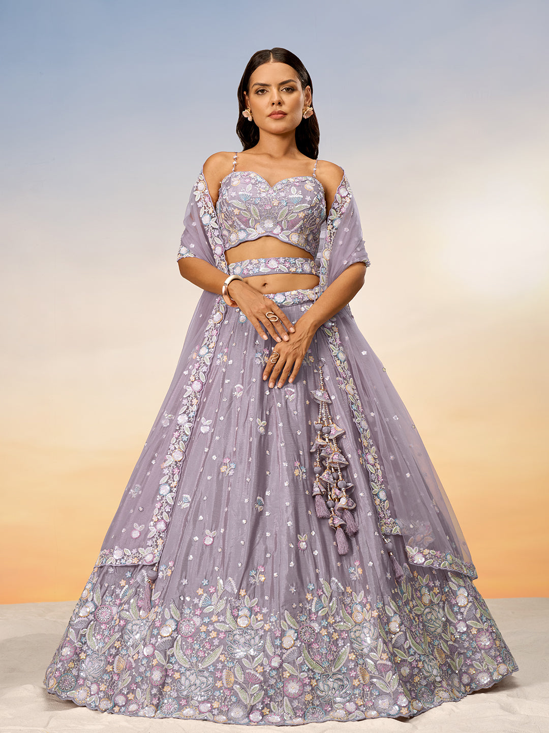 Lavender - Multi Color Chiffon Embroidered using Sequins,Thread & Coding Semi-Stitched Lehenga choli - qivii