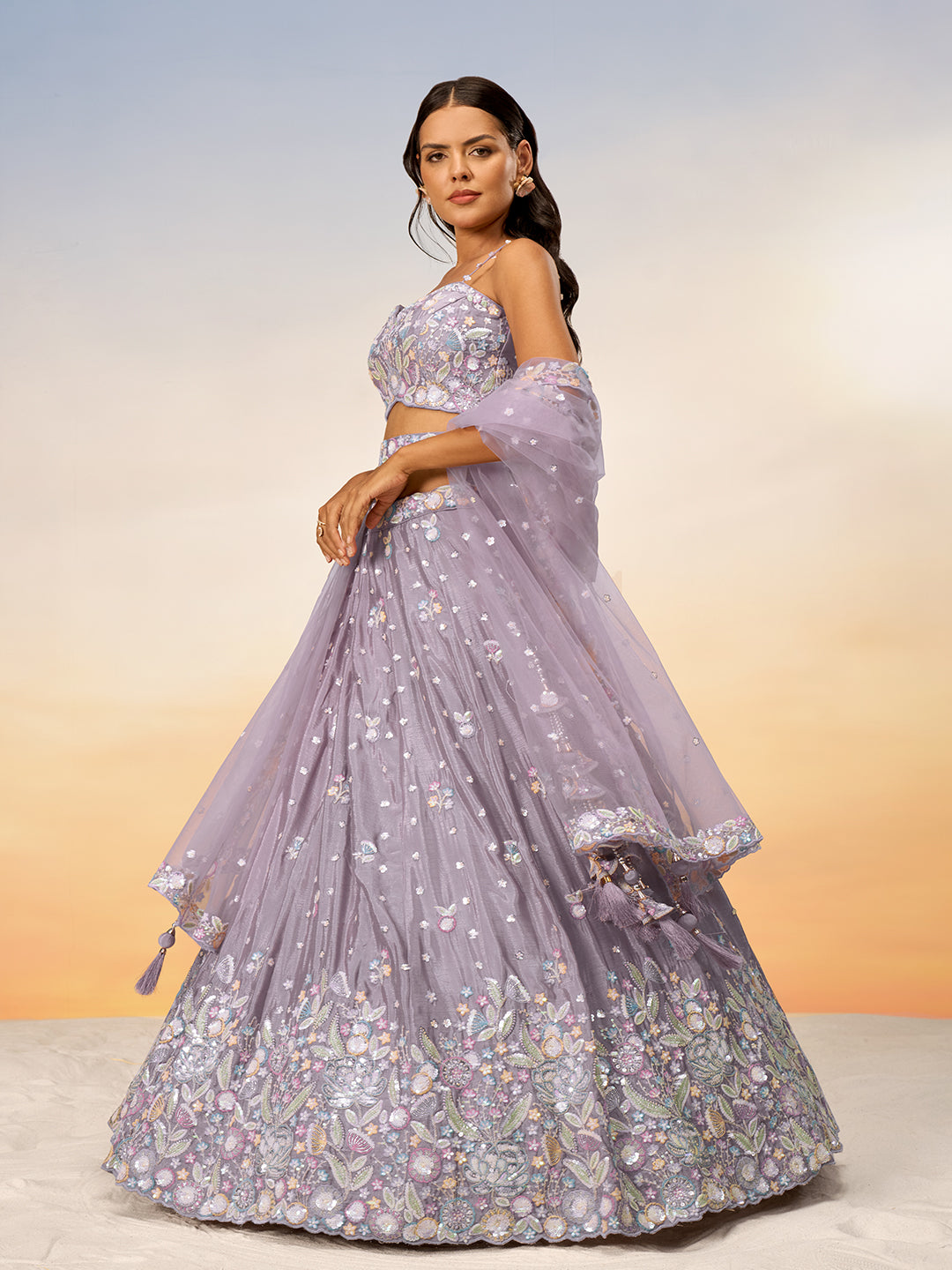 Lavender - Multi Color Chiffon Embroidered using Sequins,Thread & Coding Semi-Stitched Lehenga choli - qivii