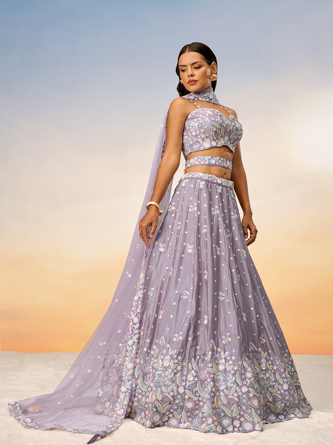 Lavender - Multi Color Chiffon Embroidered using Sequins,Thread & Coding Semi-Stitched Lehenga choli - qivii