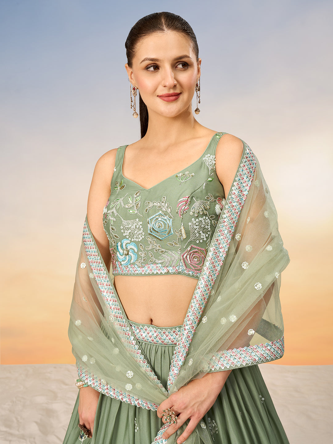 Limegreen - Multi-Color Sequin,Thread Embroidered Pure Georgette Semi-Stitched Lehenga choli - qivii