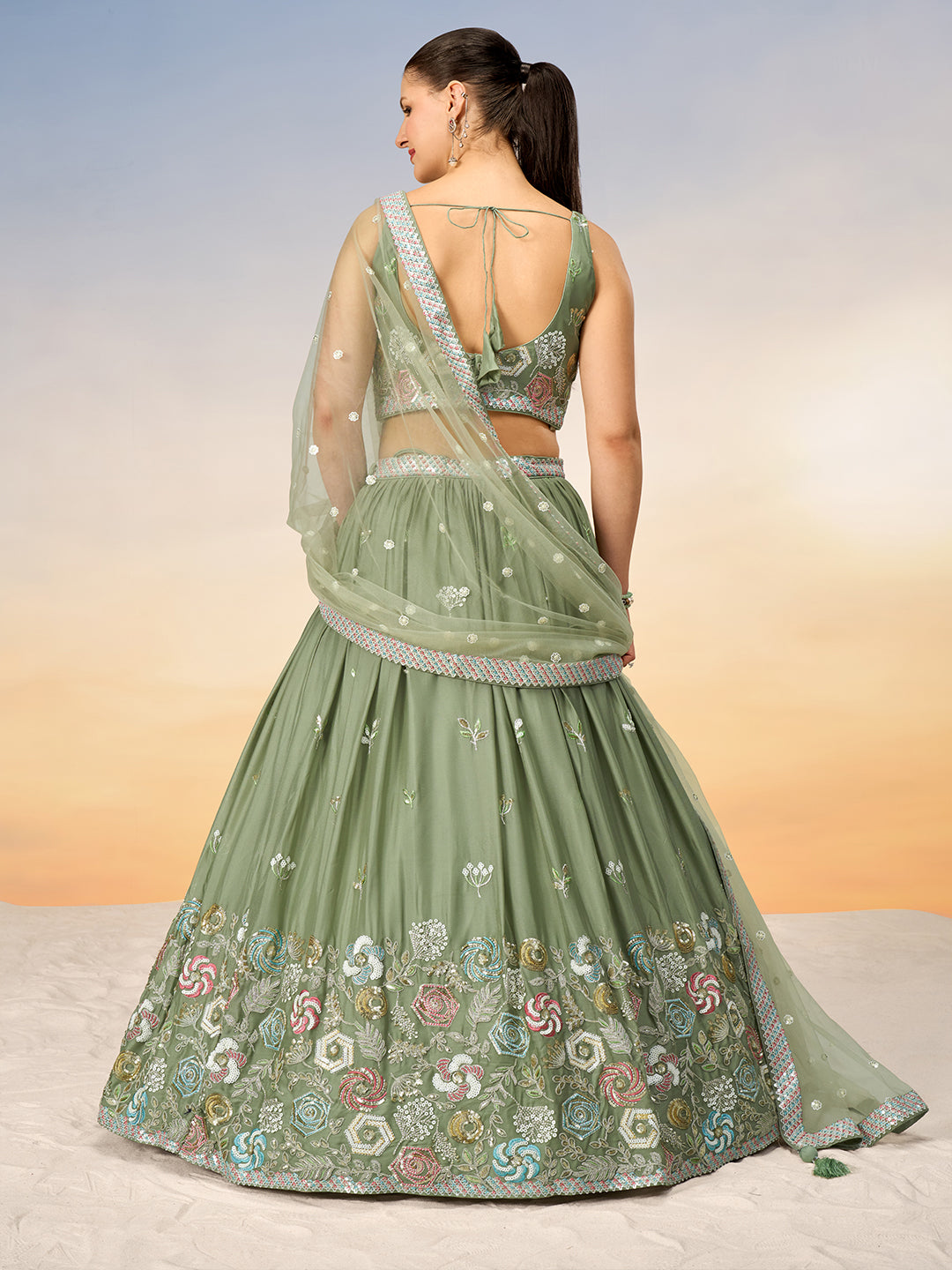 Limegreen - Multi-Color Sequin,Thread Embroidered Pure Georgette Semi-Stitched Lehenga choli - qivii