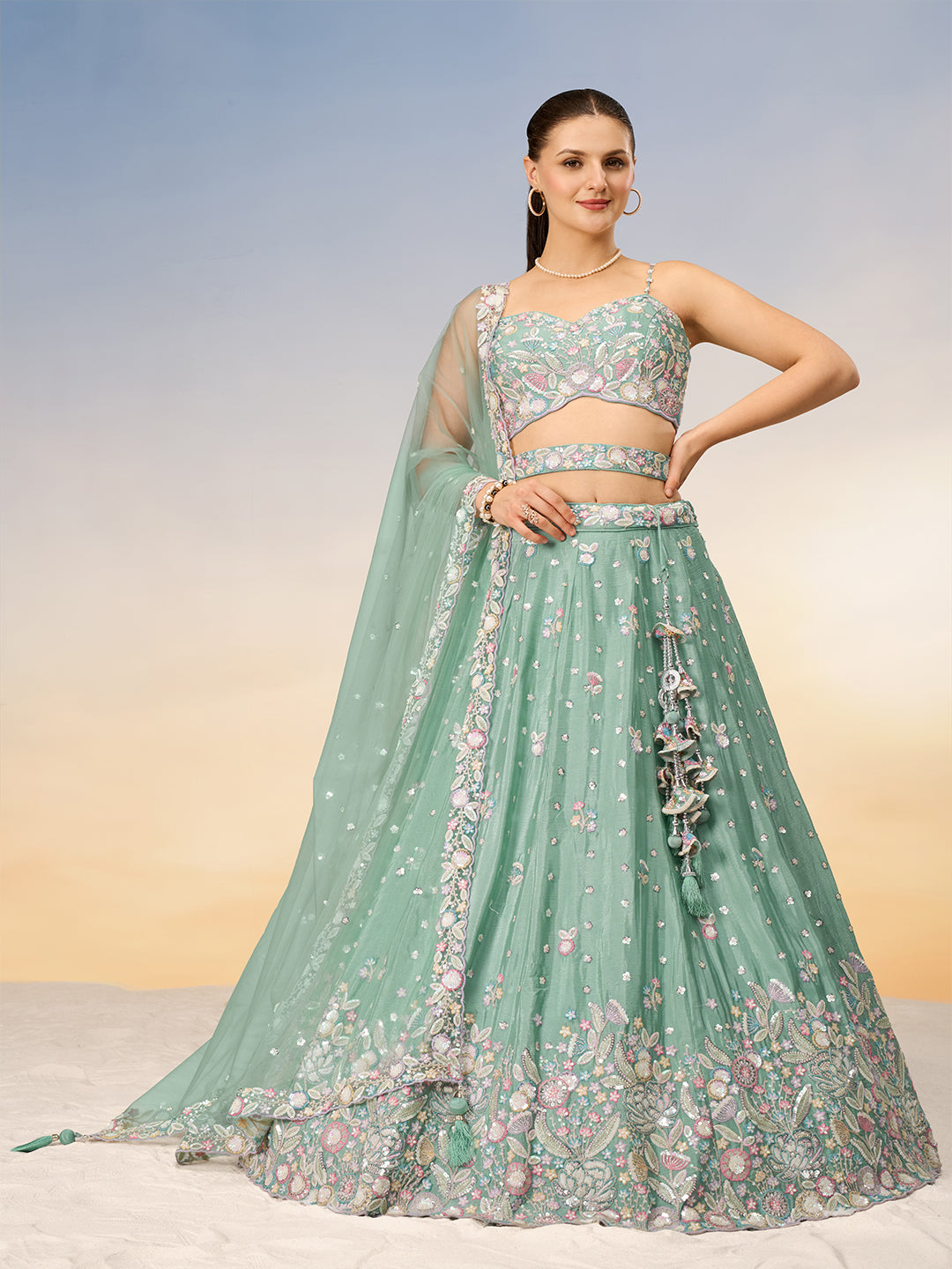 Seagreen - Multi Color Chiffon Embroidered using Sequins,Thread & Coding Semi-Stitched Lehenga choli - qivii