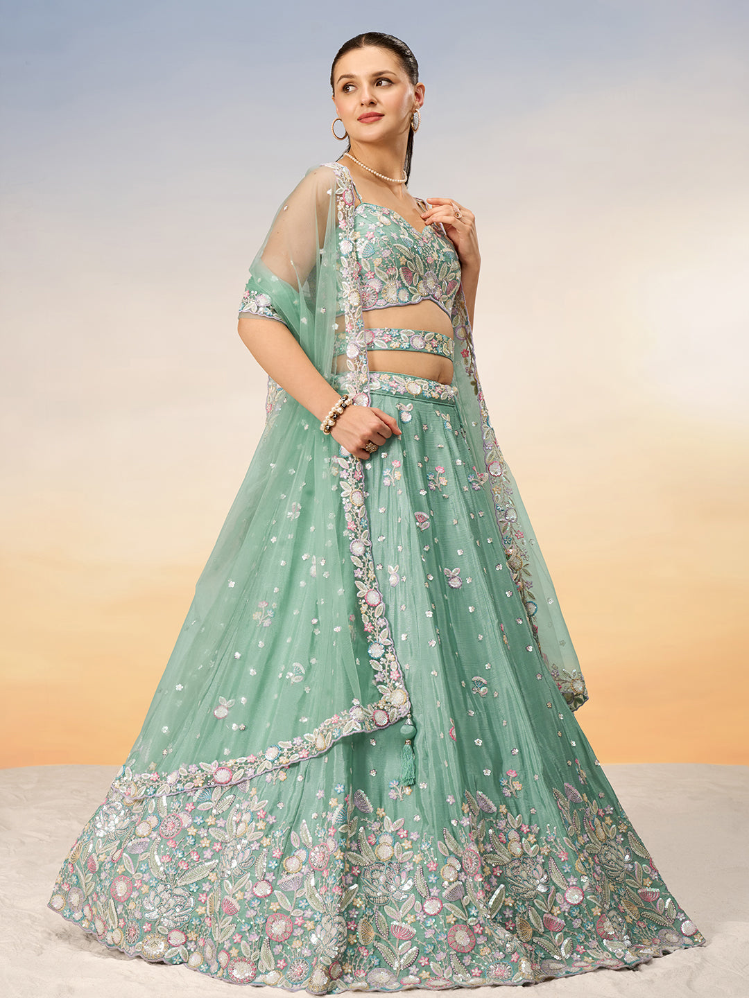 Seagreen - Multi Color Chiffon Embroidered using Sequins,Thread & Coding Semi-Stitched Lehenga choli - qivii