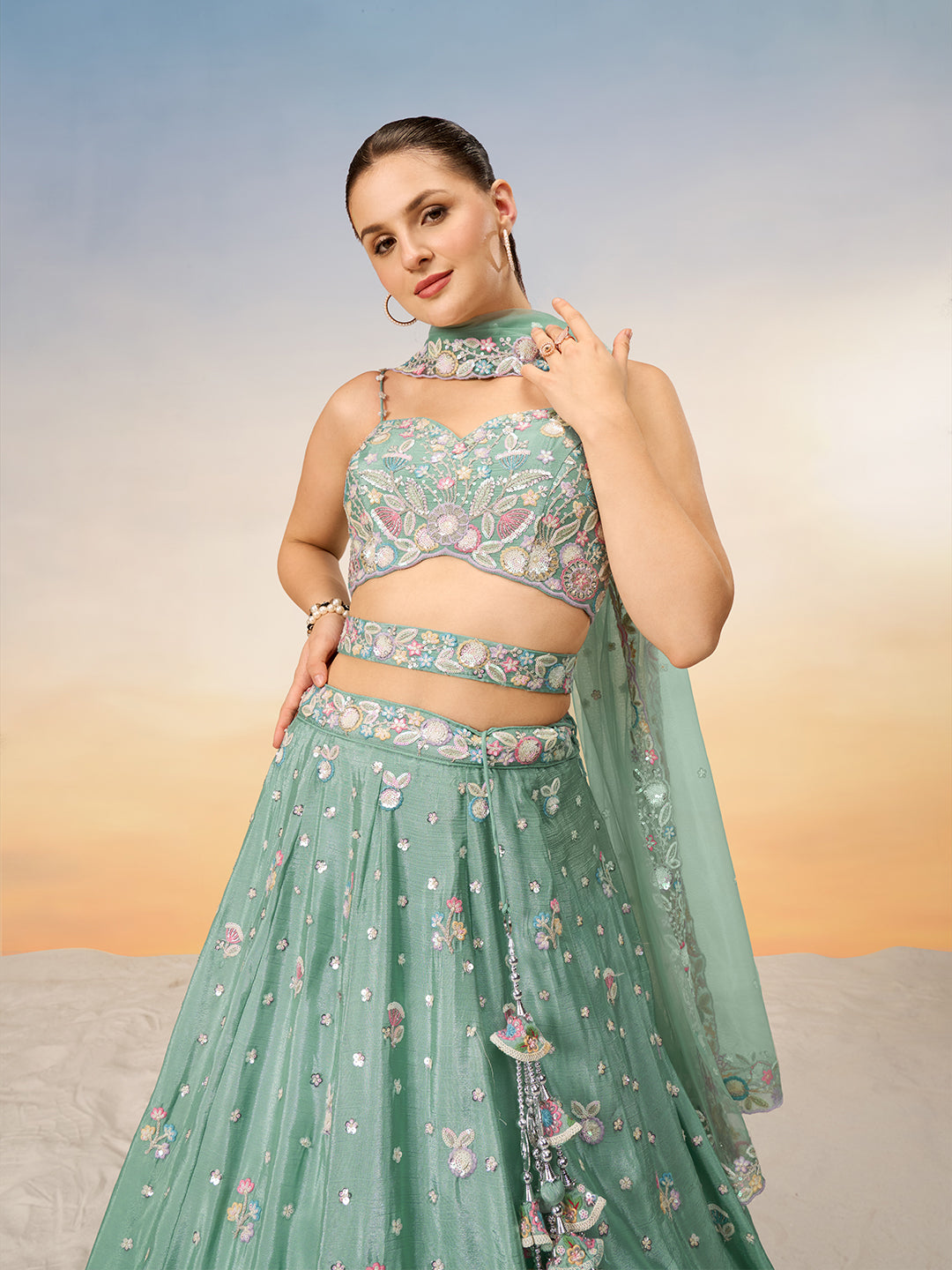 Seagreen - Multi Color Chiffon Embroidered using Sequins,Thread & Coding Semi-Stitched Lehenga choli - qivii