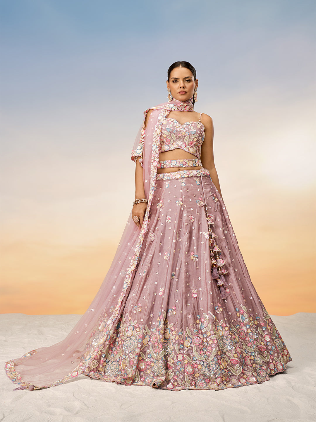 Rosegold - Multi Color Chiffon Embroidered using Sequins,Thread & Coding Semi-Stitched Lehenga choli - qivii