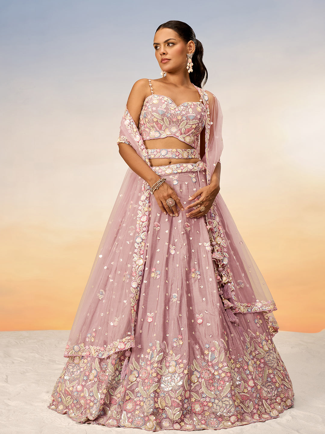 Rosegold - Multi Color Chiffon Embroidered using Sequins,Thread & Coding Semi-Stitched Lehenga choli - qivii