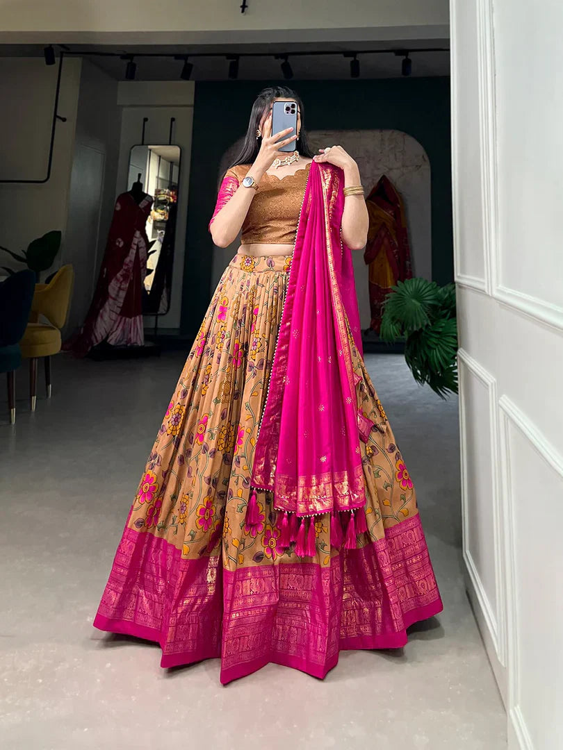 Kalamkari tusser Silk Mustered Lehenga Choli Set - qivii