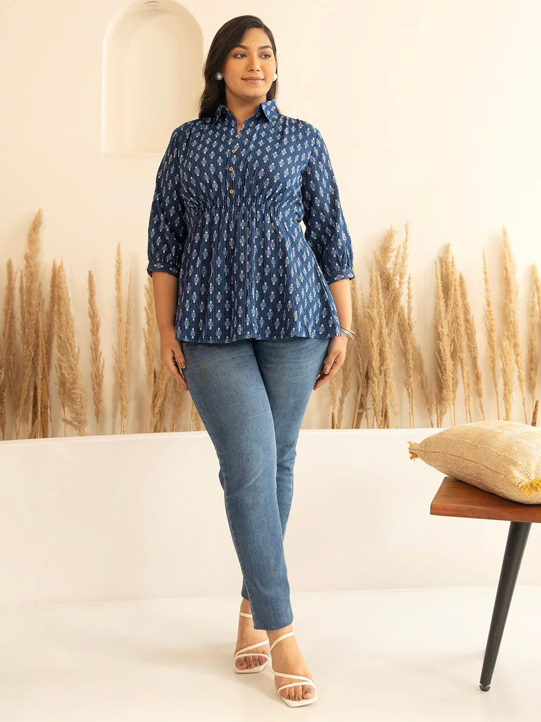 Plus Size Dark Blue Cotton Ethnic Motifs A-Line Top