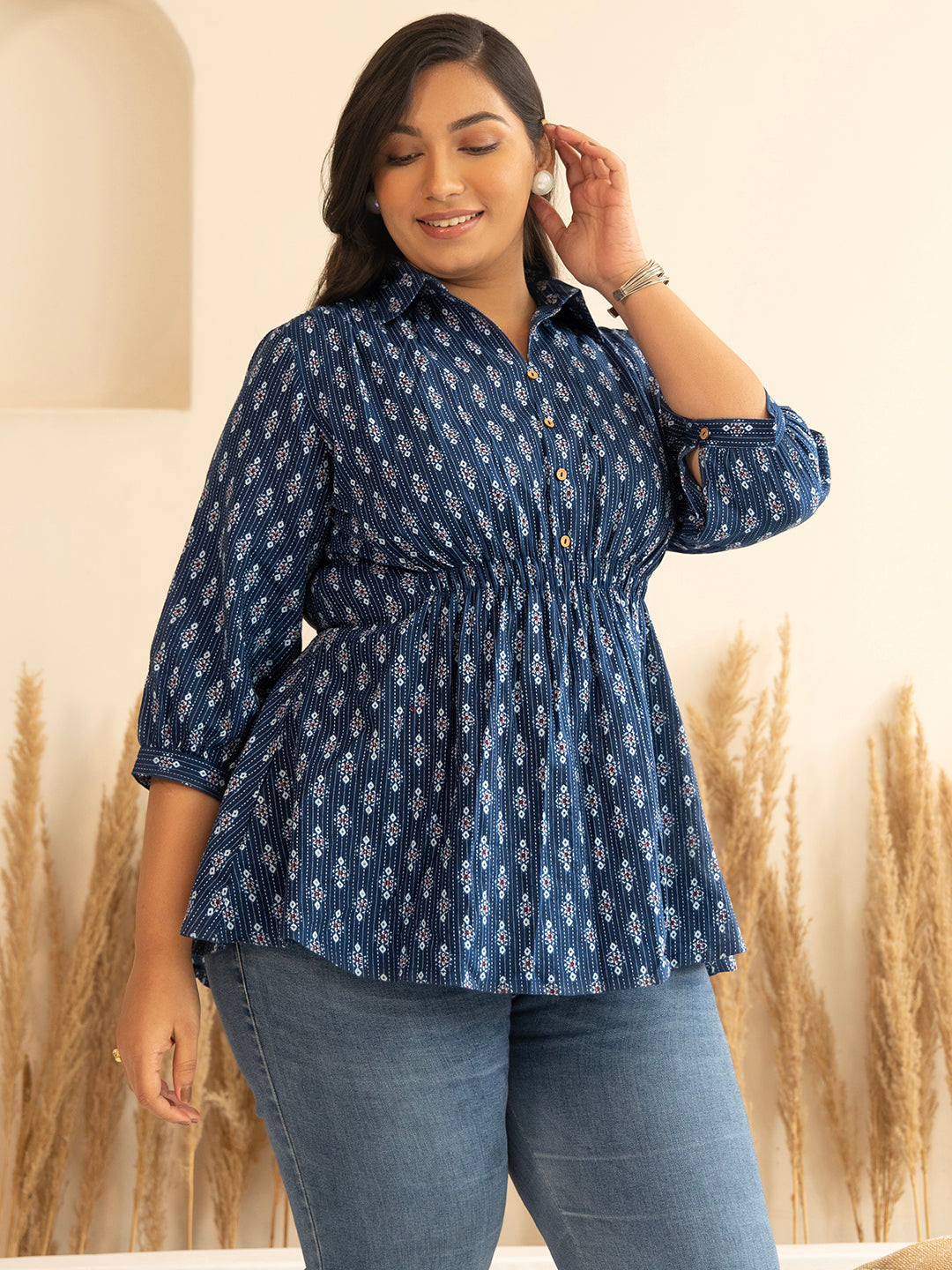 Plus Size Dark Blue Cotton Ethnic Motifs A-Line Top - qivii