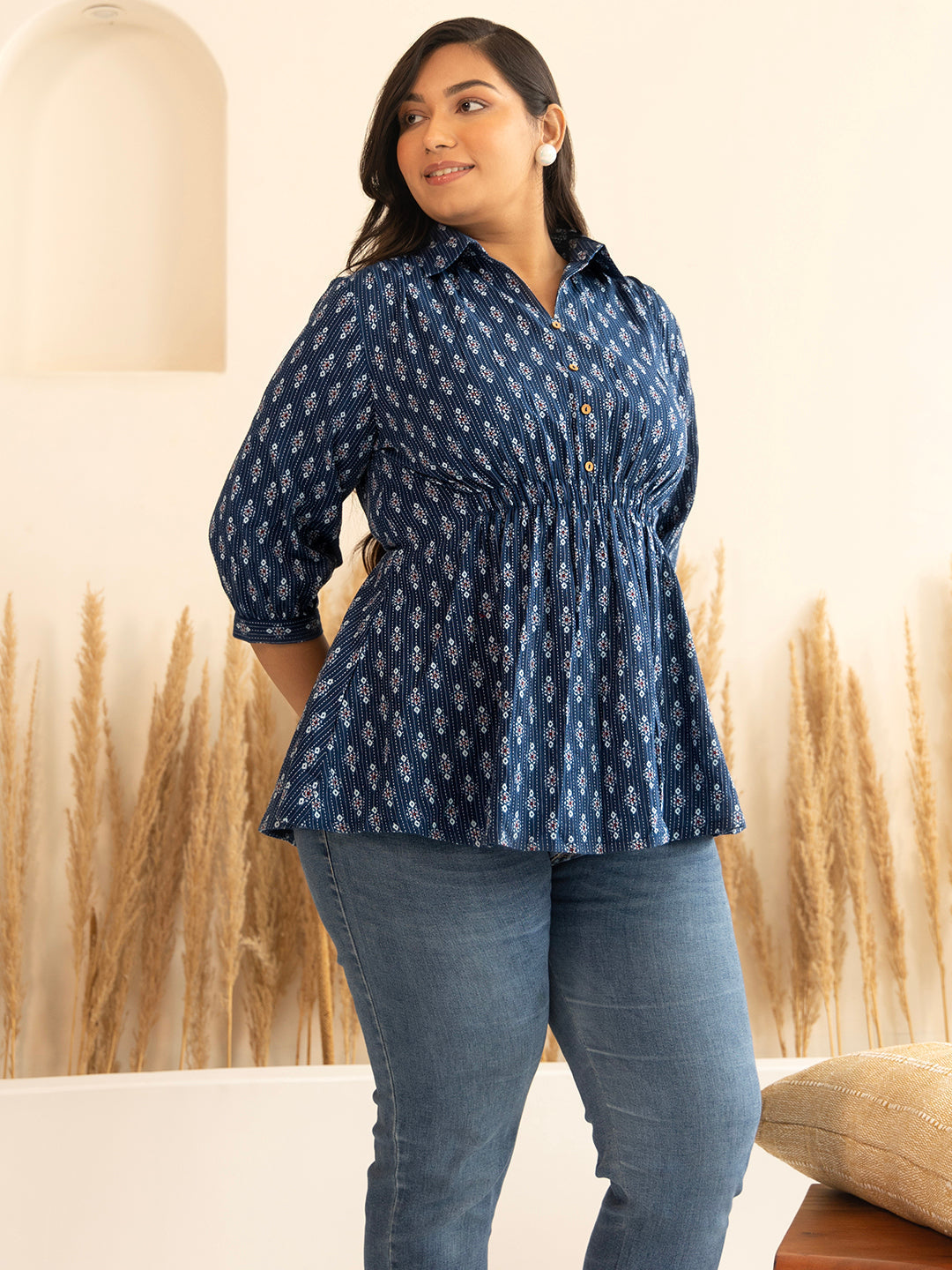 Plus Size Dark Blue Cotton Ethnic Motifs A-Line Top - qivii