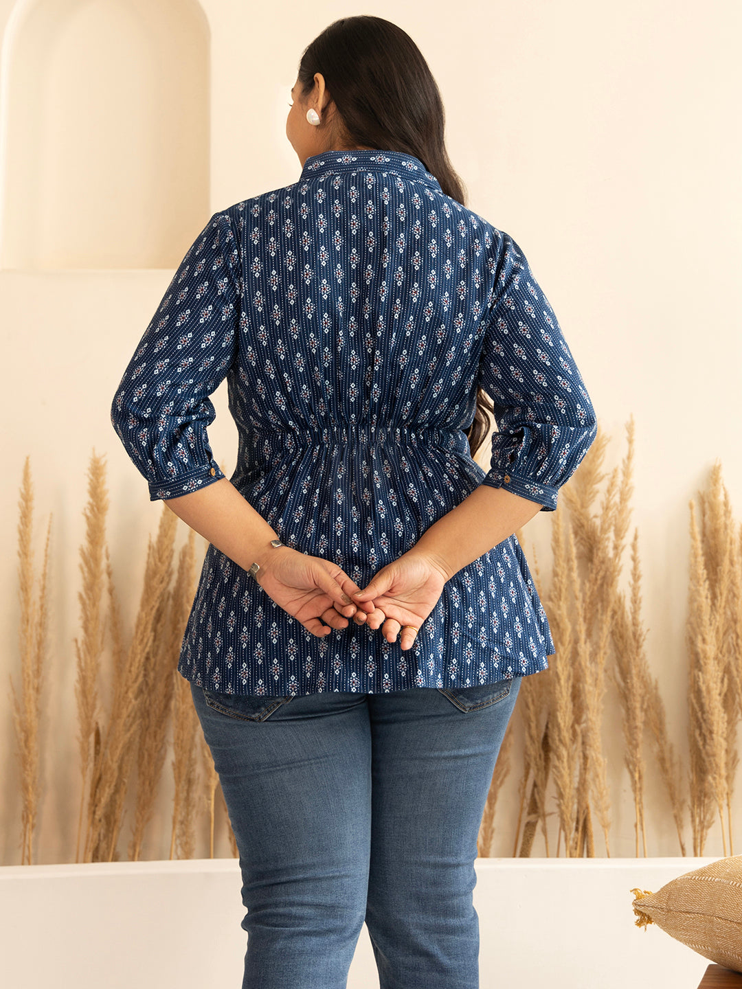 Plus Size Dark Blue Cotton Ethnic Motifs A-Line Top - qivii