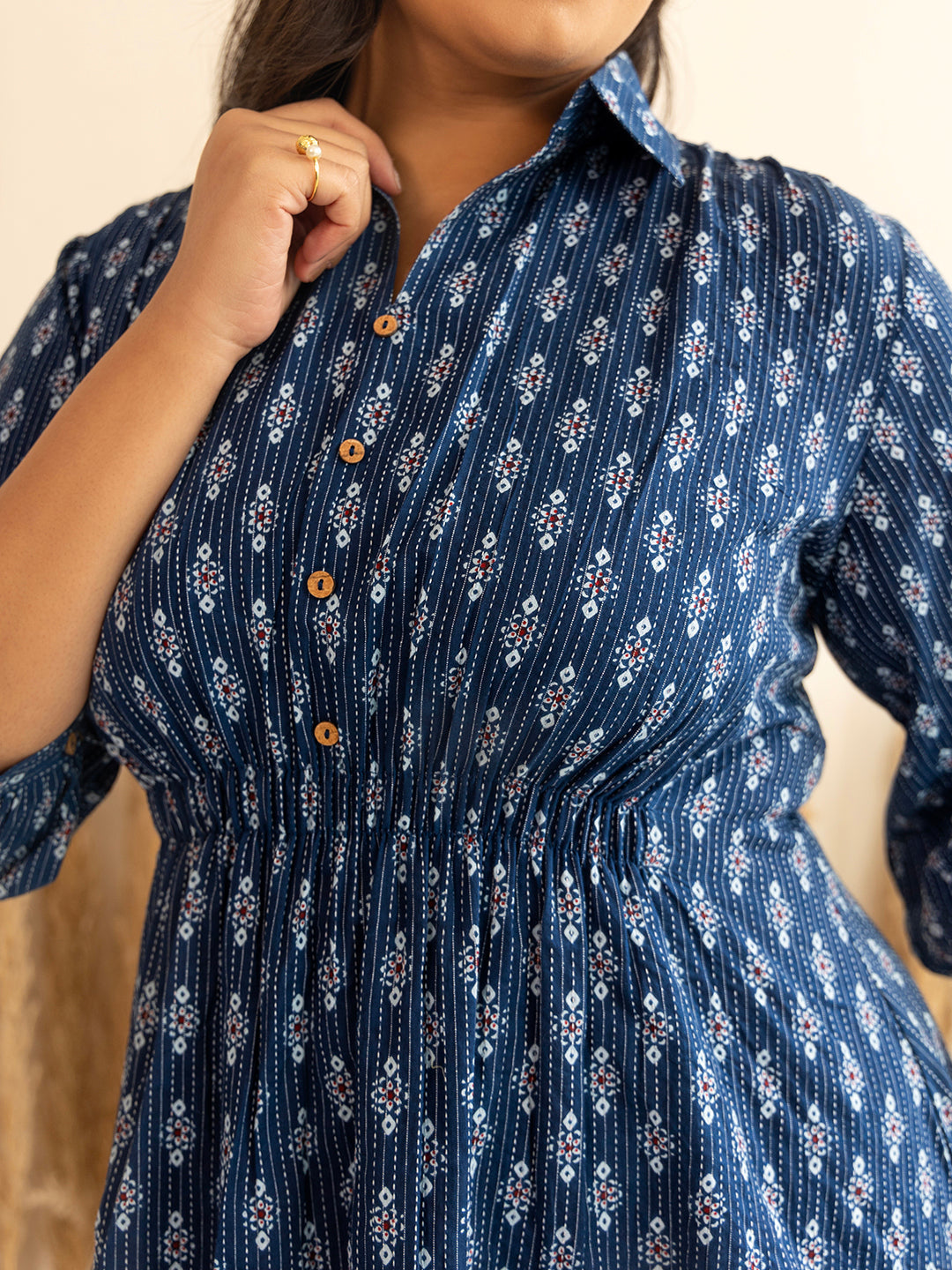 Plus Size Dark Blue Cotton Ethnic Motifs A-Line Top - qivii