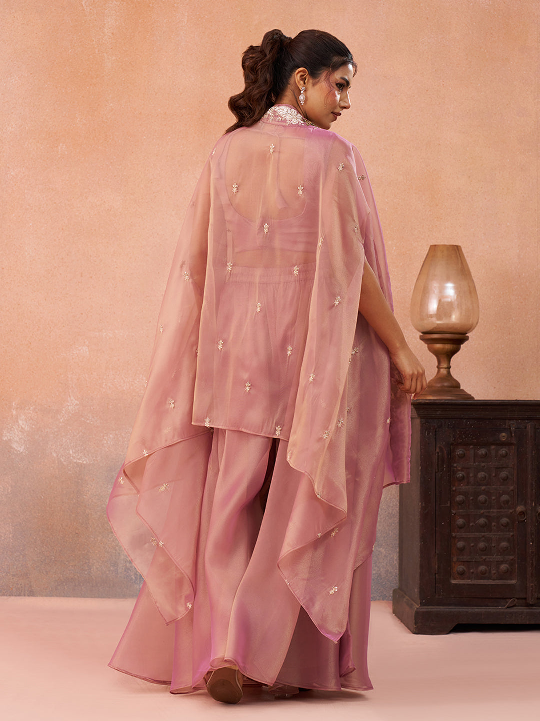 Pink Tissue Beads Embroidered Crop Top with Flared Cape & Flared Palazzo Set