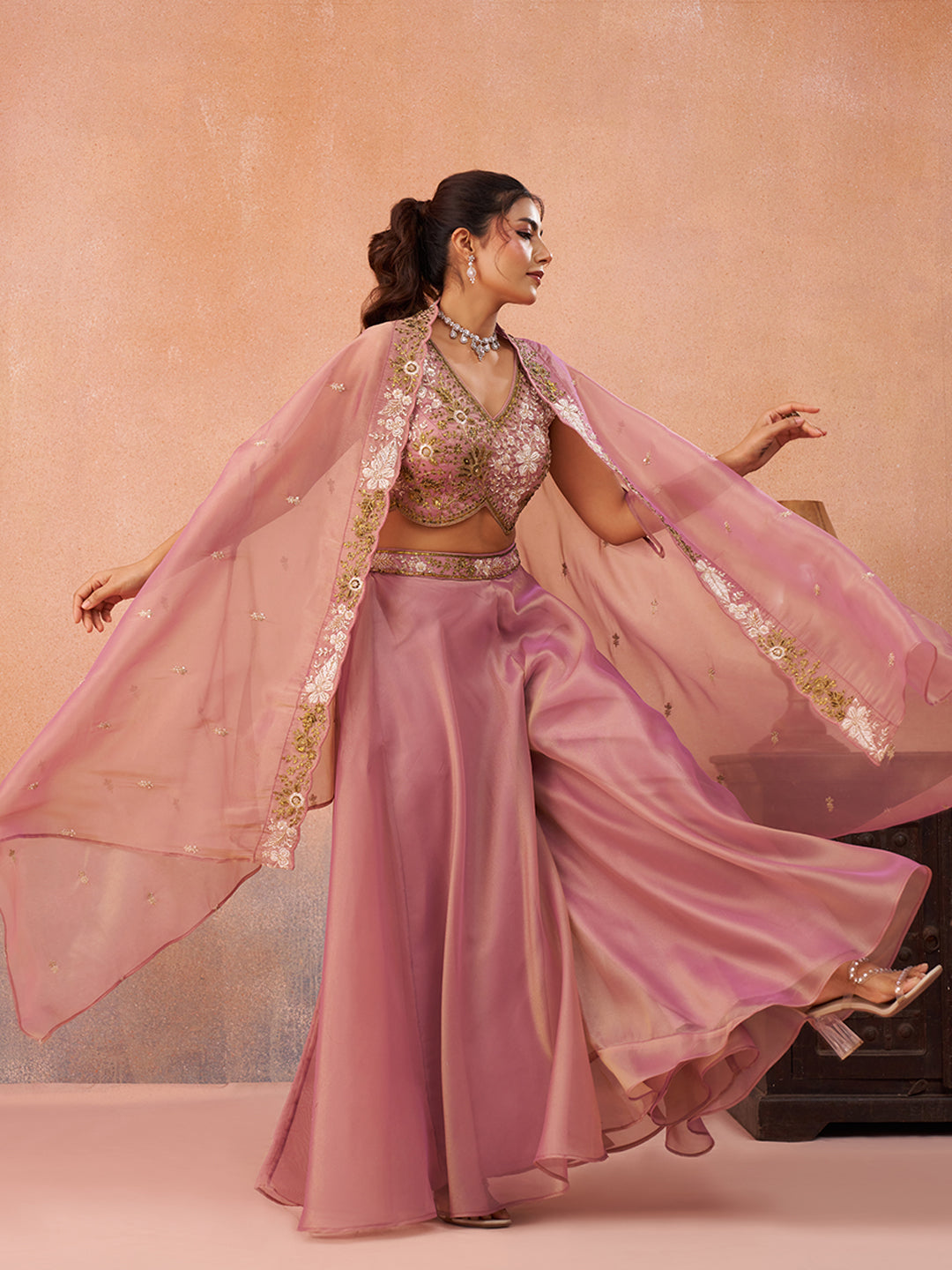 Pink Tissue Beads Embroidered Crop Top with Flared Cape & Flared Palazzo Set