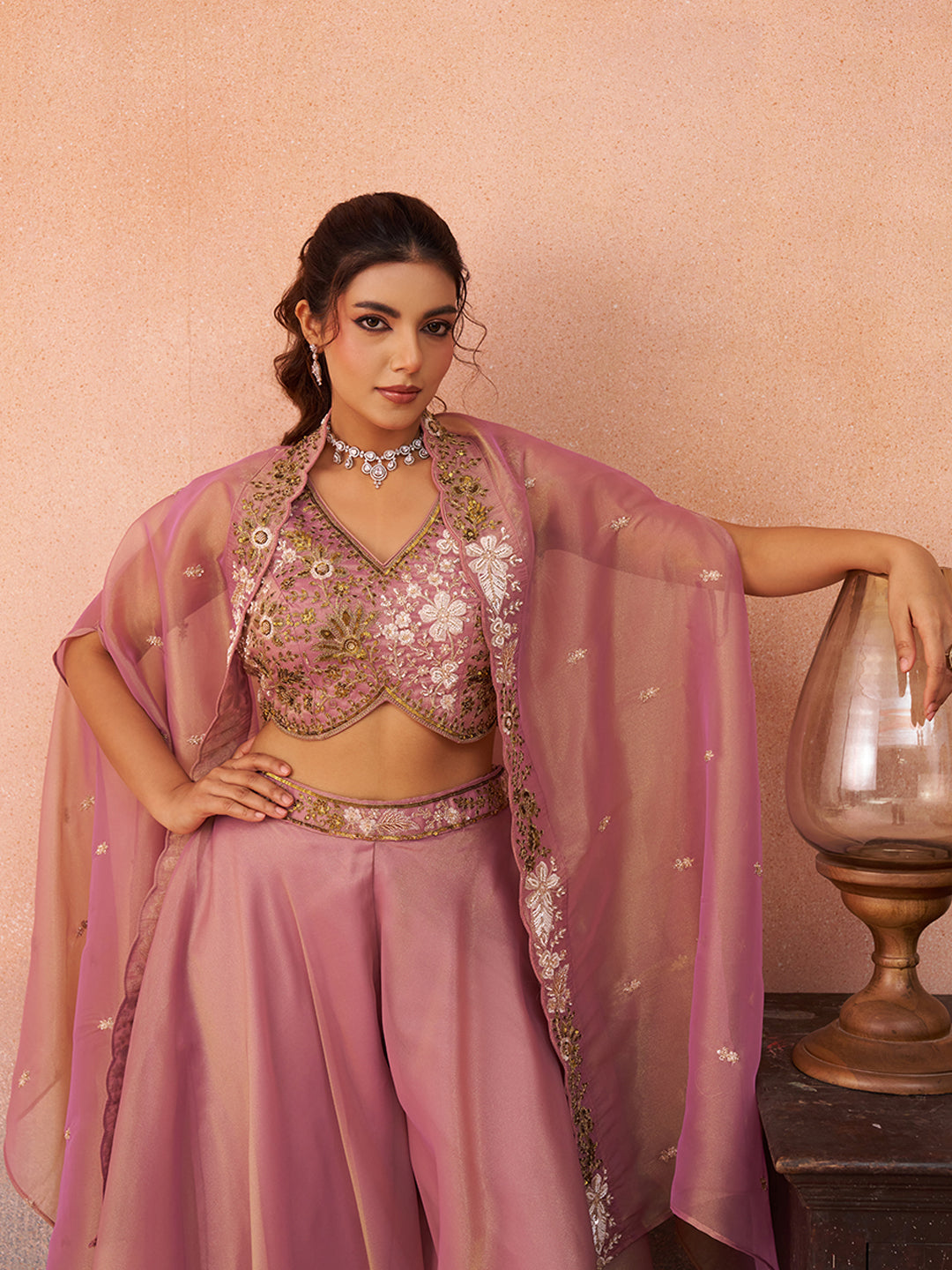 Pink Tissue Beads Embroidered Crop Top with Flared Cape & Flared Palazzo Set