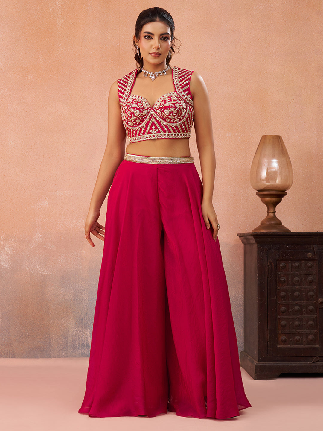 Pink Organza Beads Embroidered Crop Top with Flared Cape & Flared Palazzo Set