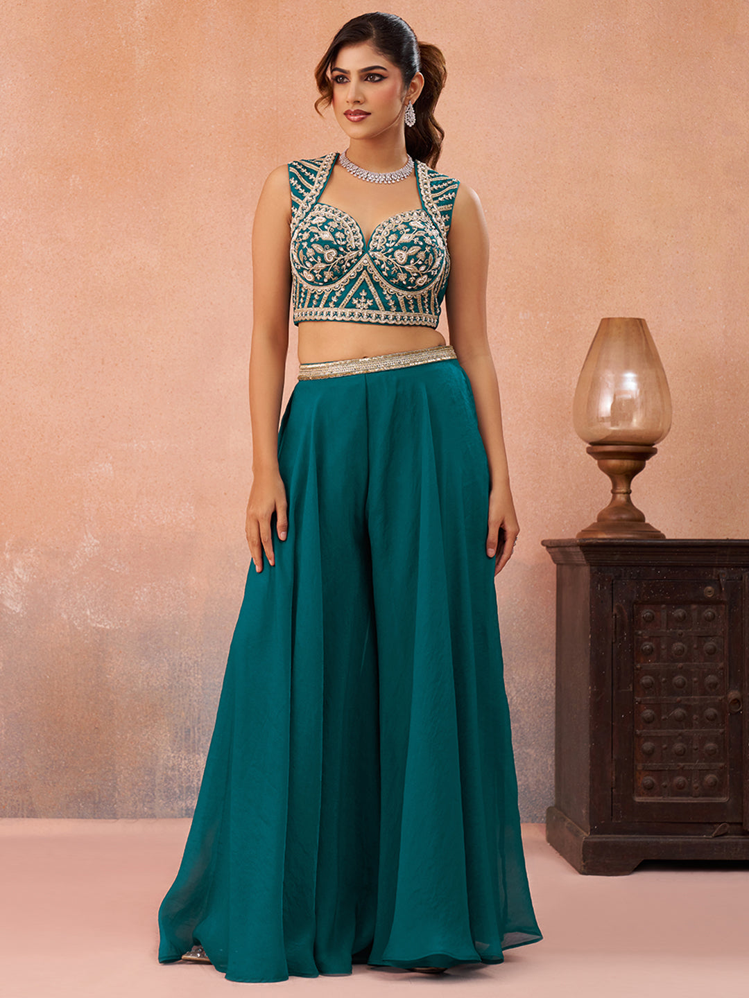 Teal Blue Organza Beads Embroidered Crop Top with Flared Cape & Flared Palazzo Set