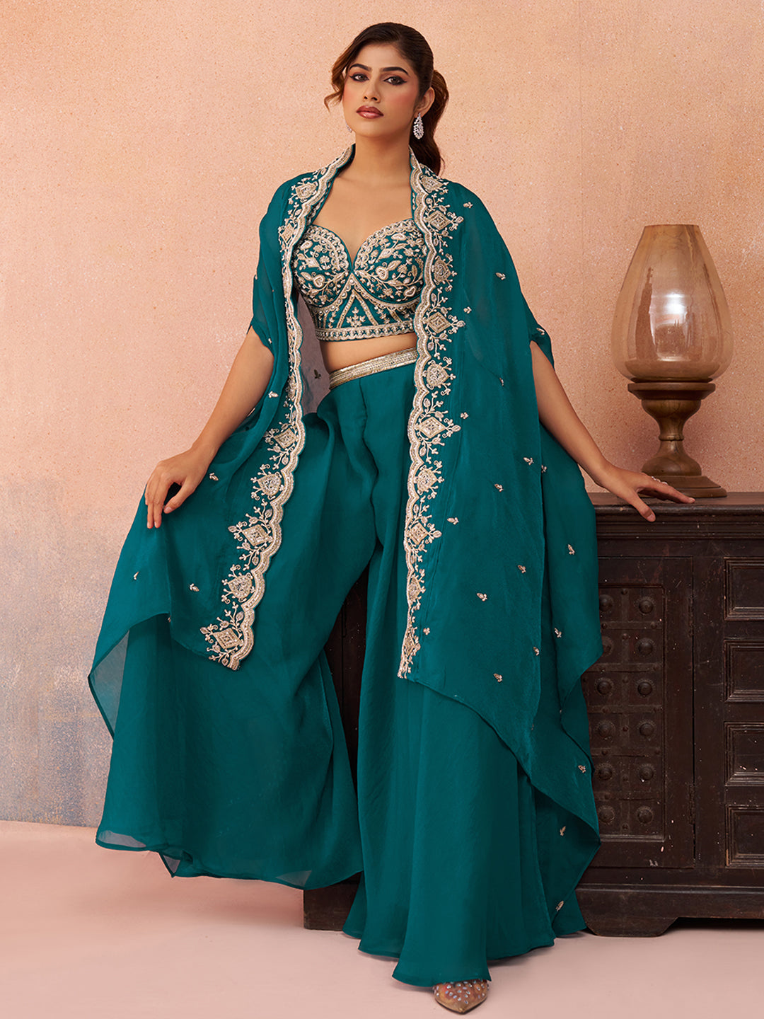 Teal Blue Organza Beads Embroidered Crop Top with Flared Cape & Flared Palazzo Set