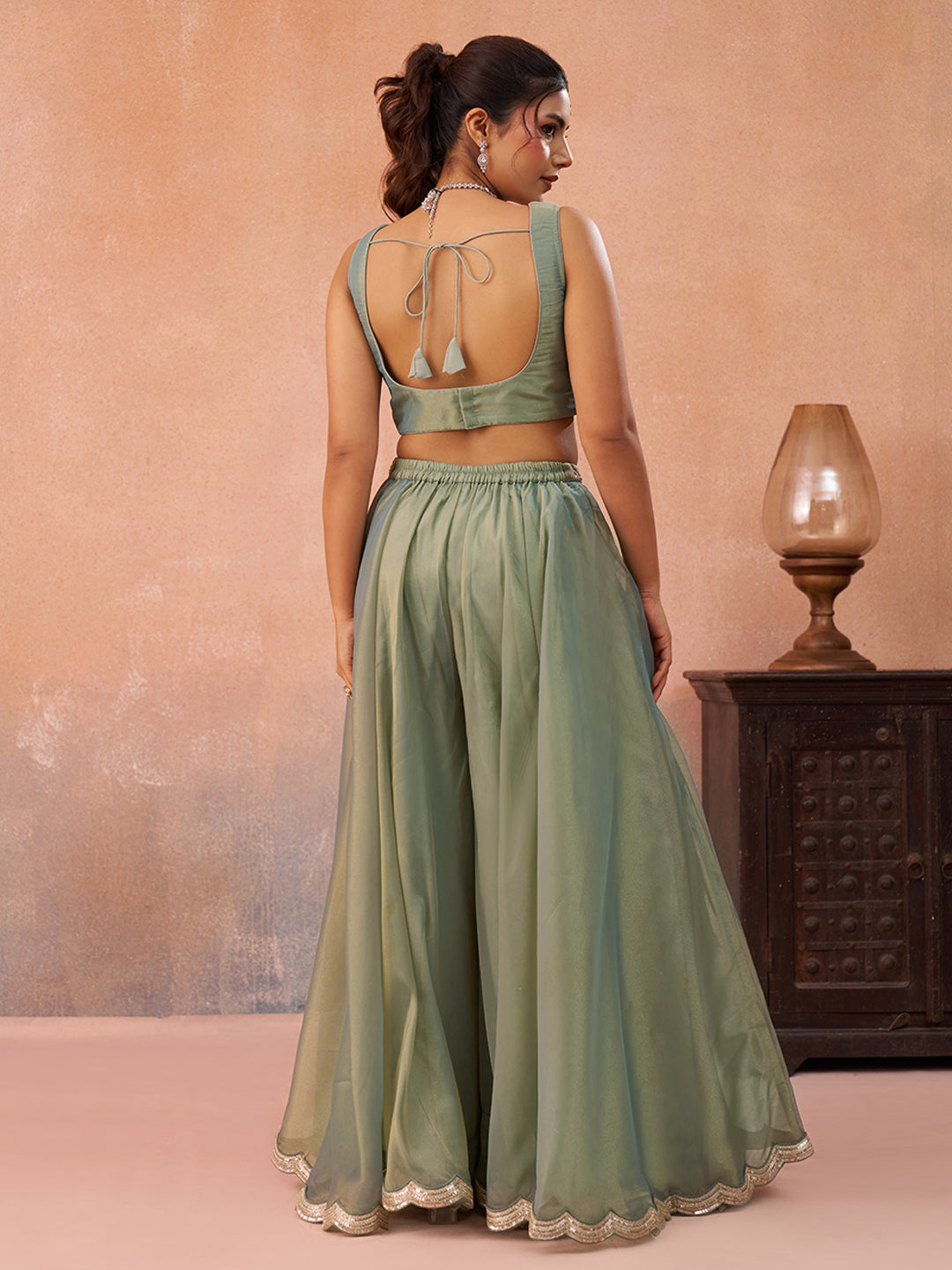 Sea Green Tissue Floral Embroidered Crop Top with Jacket & Flared Palazzo Set