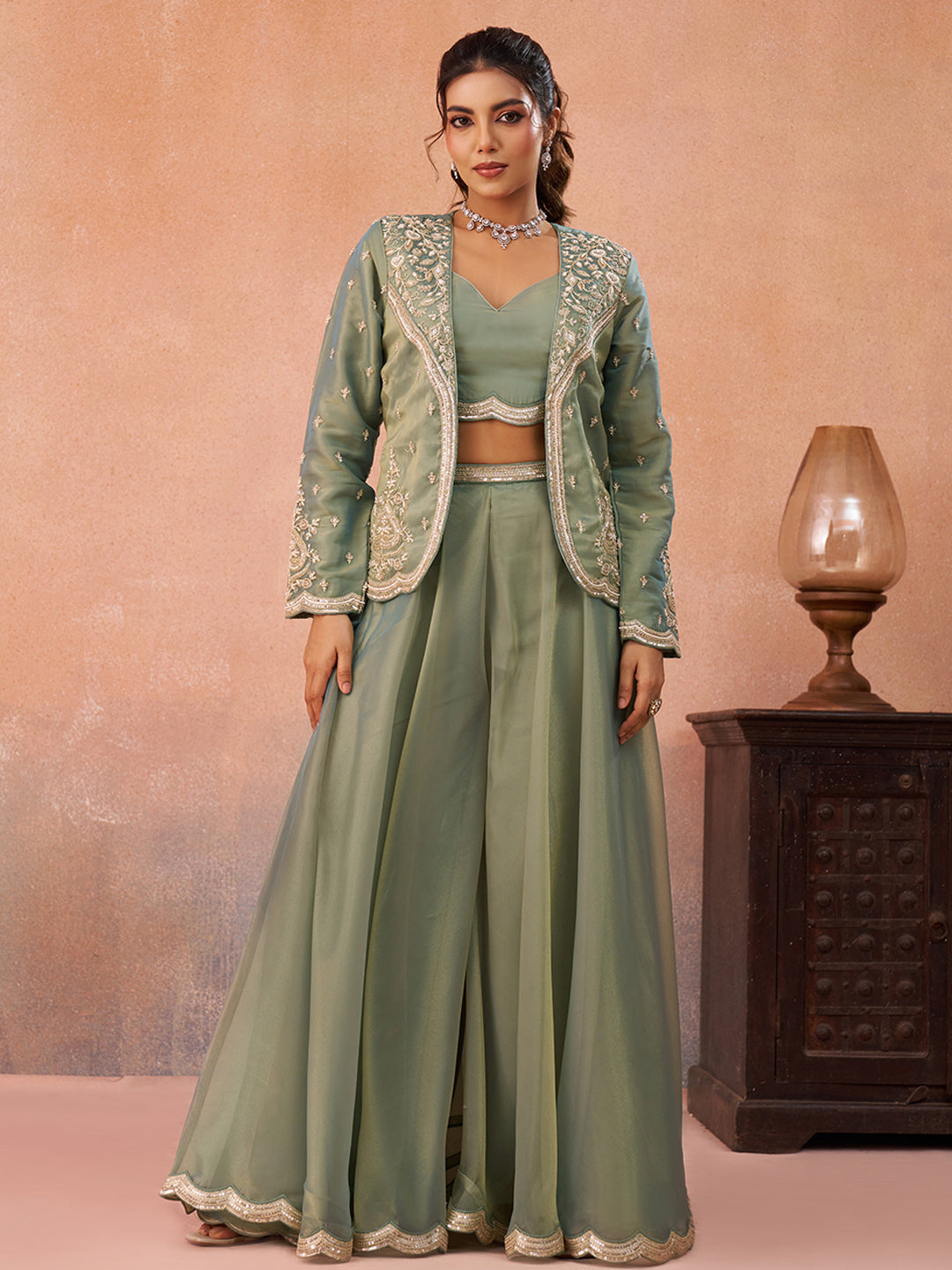Sea Green Tissue Floral Embroidered Crop Top with Jacket & Flared Palazzo Set