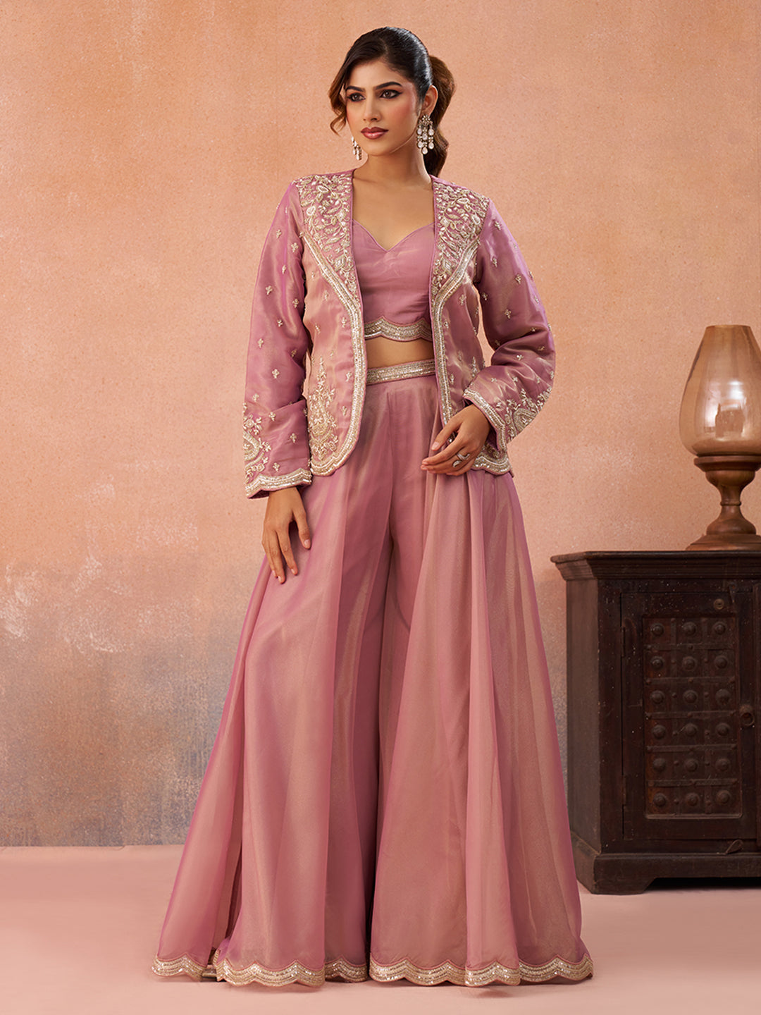 Pink Tissue Floral Embroidered Crop Top with Jacket & Flared Palazzo Set