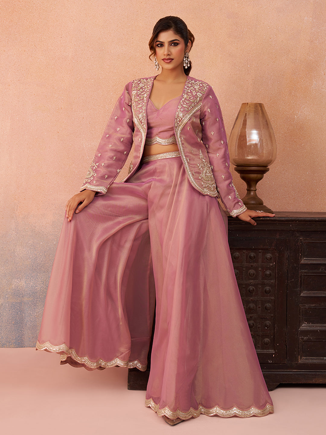 Pink Tissue Floral Embroidered Crop Top with Jacket & Flared Palazzo Set