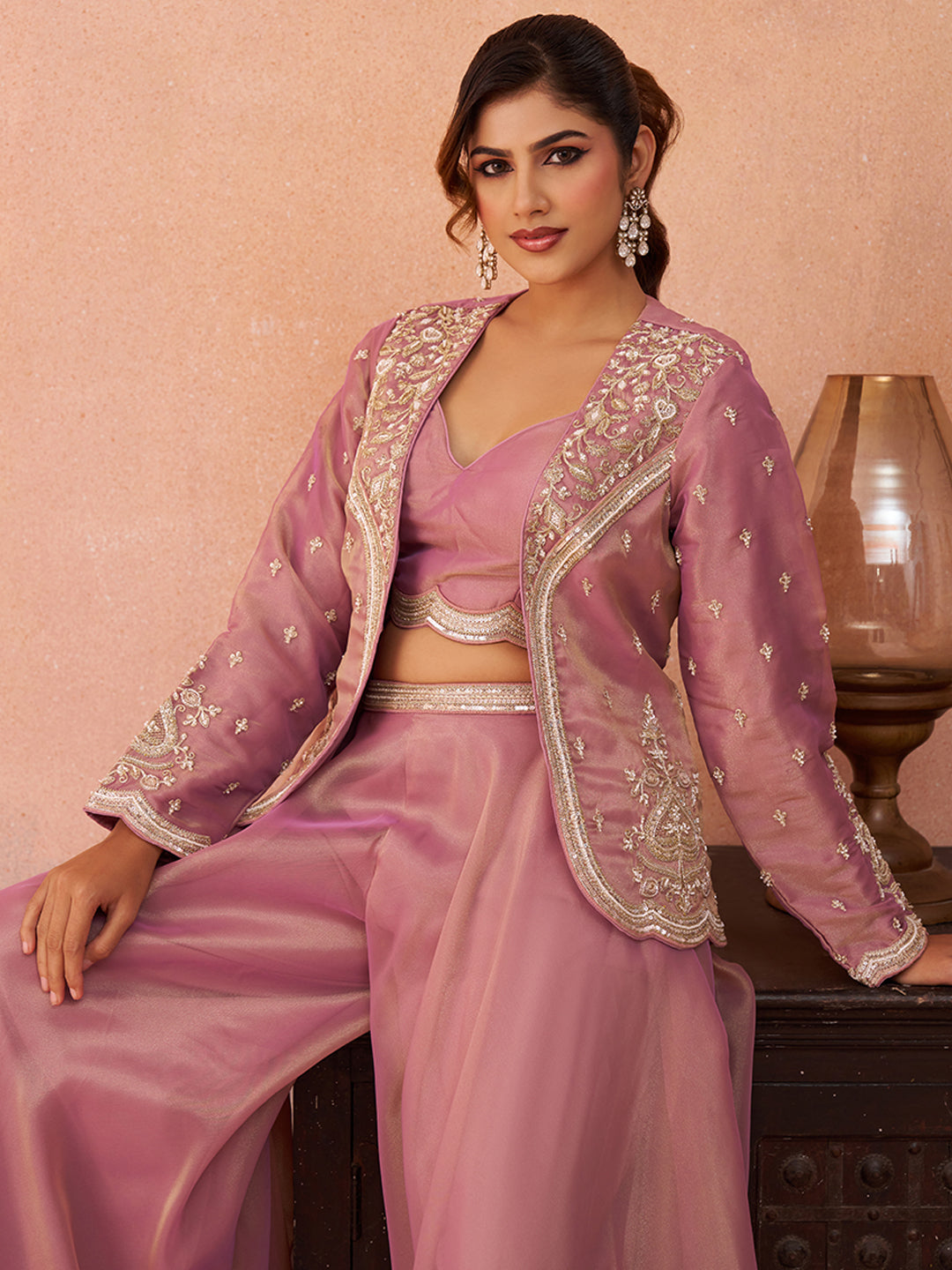 Pink Tissue Floral Embroidered Crop Top with Jacket & Flared Palazzo Set
