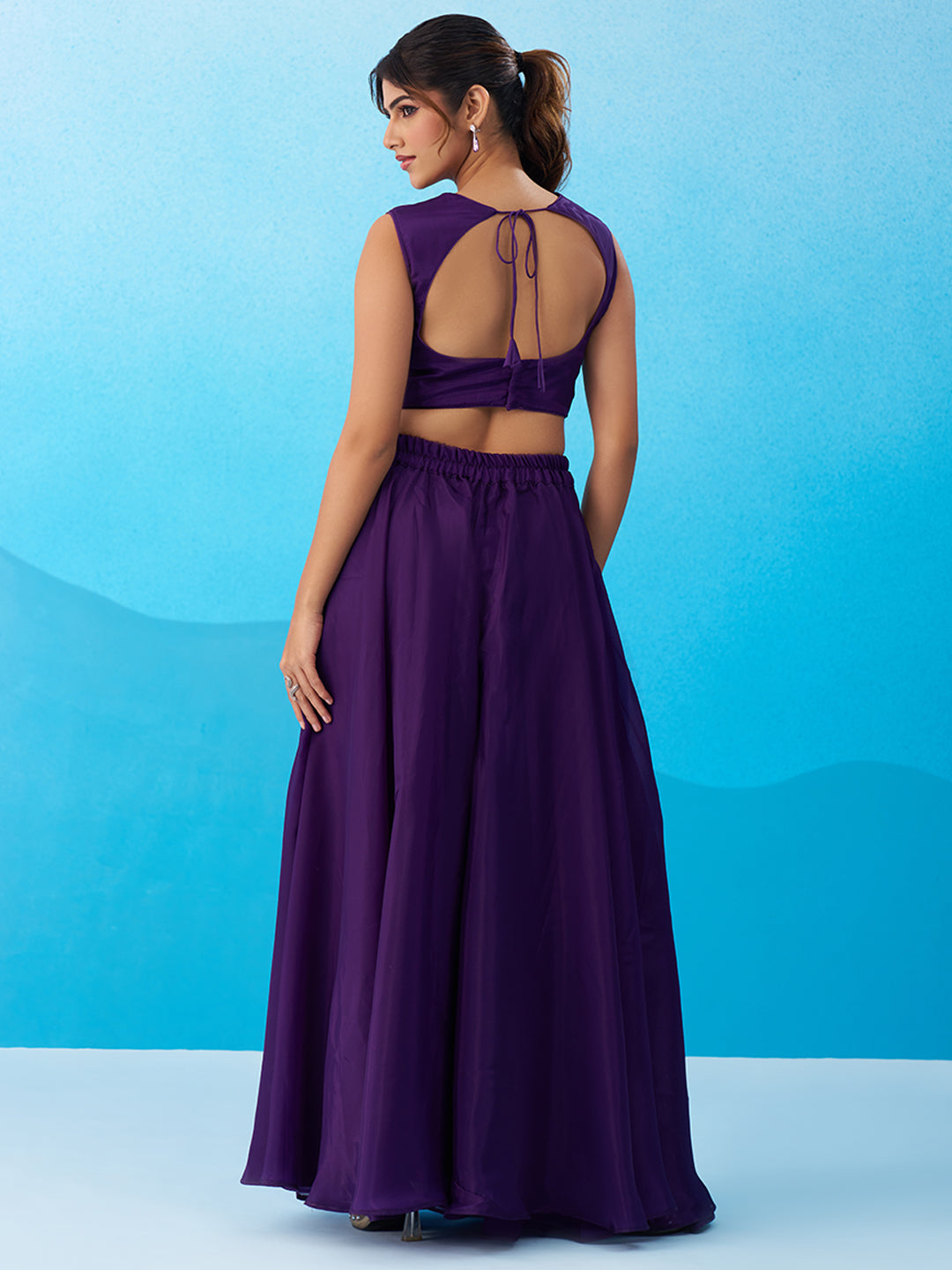 Royal Purple Crepe Beads Embroidered Crop Top with Flared Cape & Flared Palazzo Set