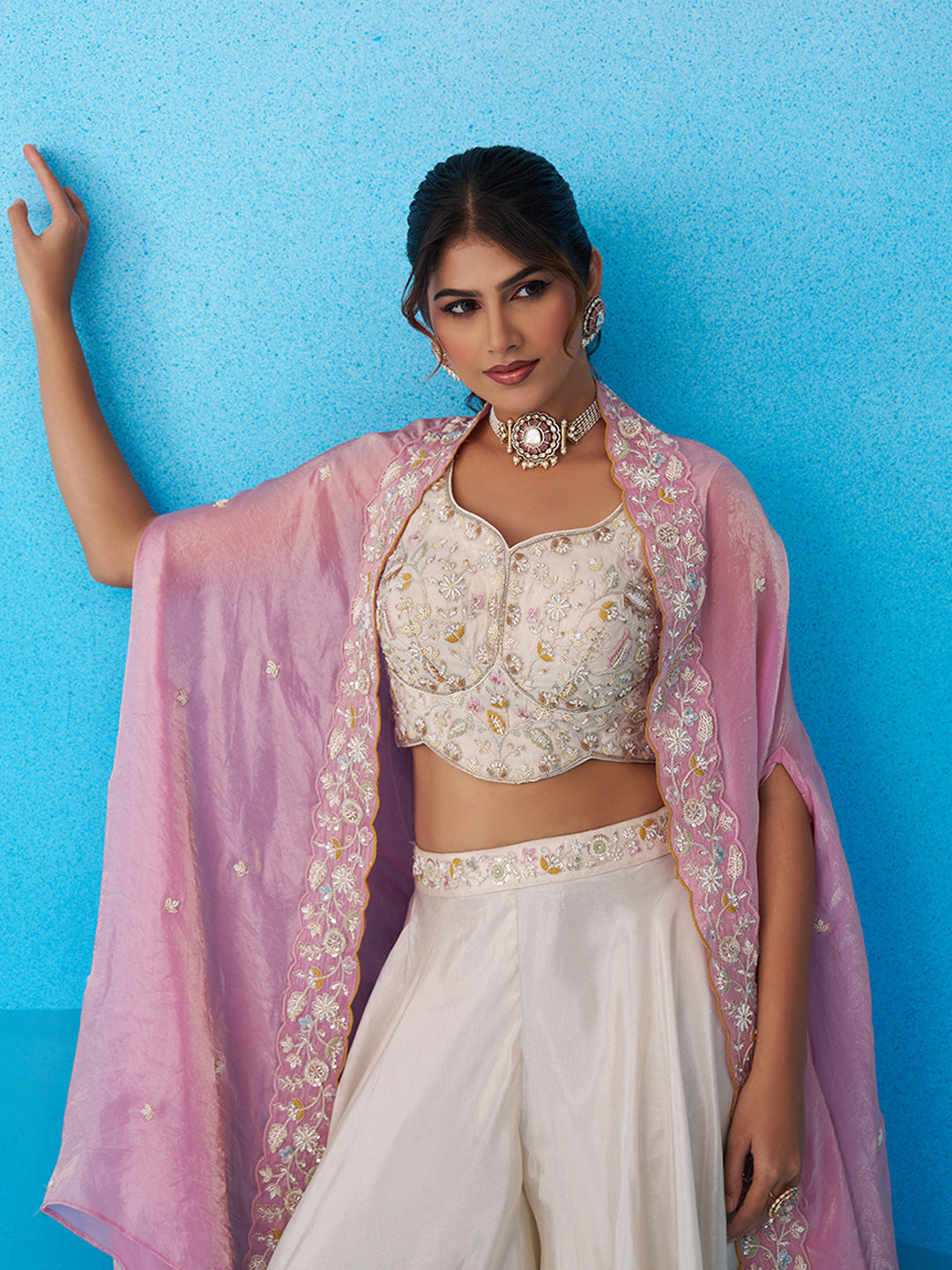 Cream & Pink Viscoce Beads Embroidered Crop Top with Flared Cape & Palazzo Set