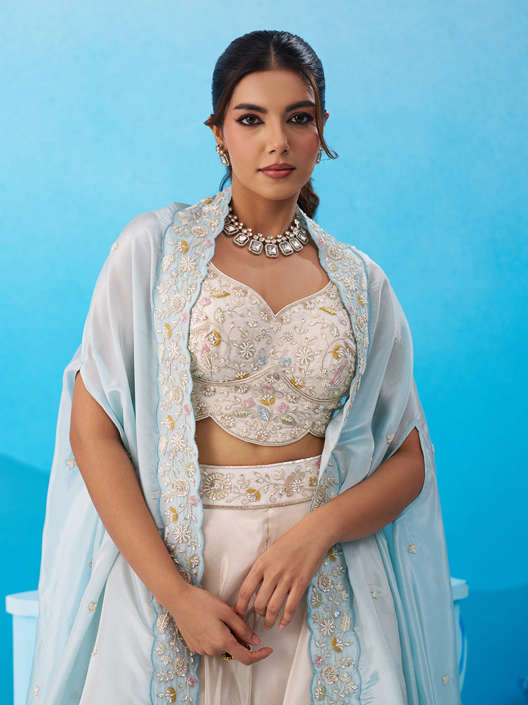 Cream & Sky Viscoce Beads Embroidered Crop Top with Flared Cape & Palazzo Set