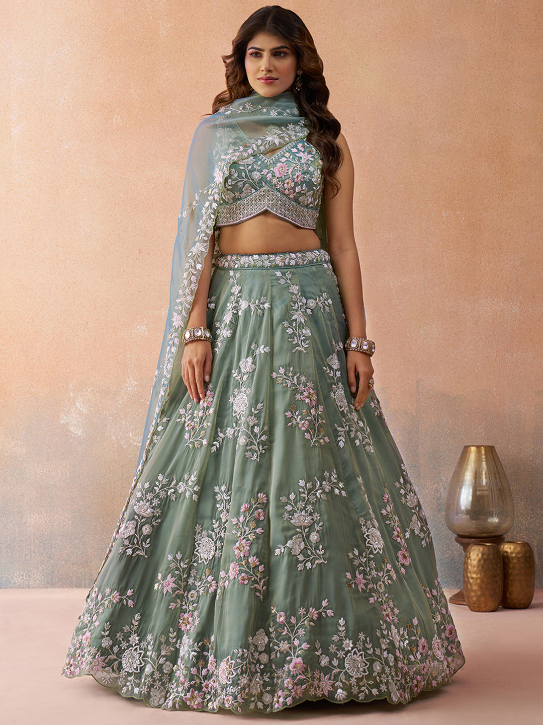 Seagreen Color Tissue Beads & Sequins Embroidered Lehenga set